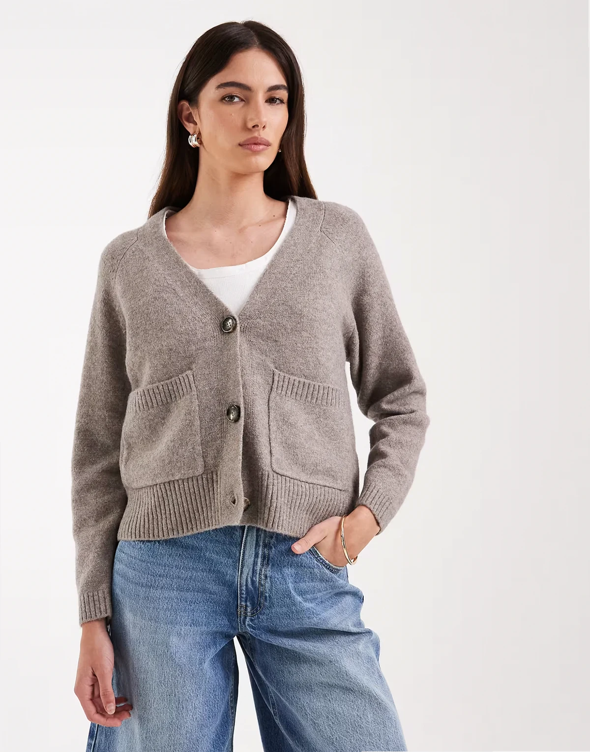 boxy knit cardigan with pockets in moon rock