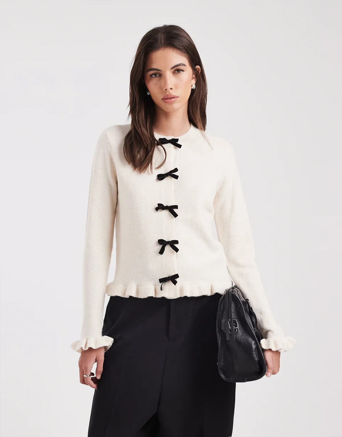 crew neck cardigan with flutter sleeve and bow detail in ecru