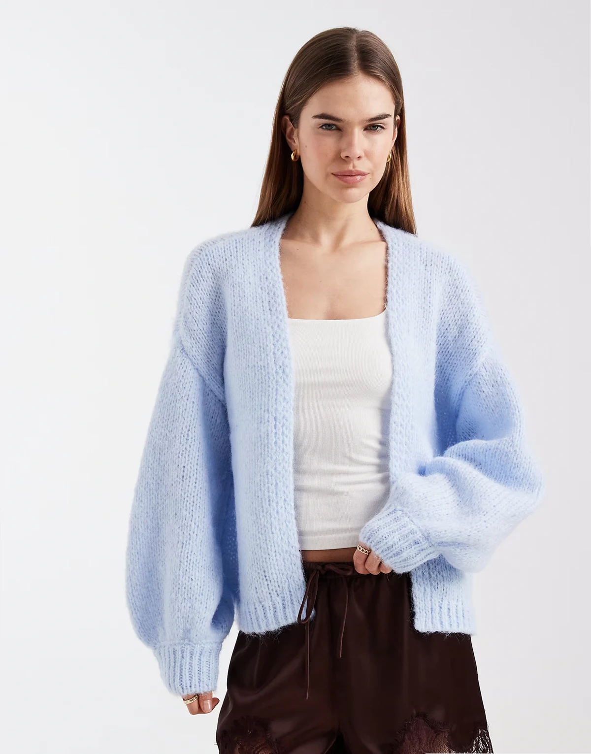 soft blouson sleeve edge to edge cardigan in soft blue