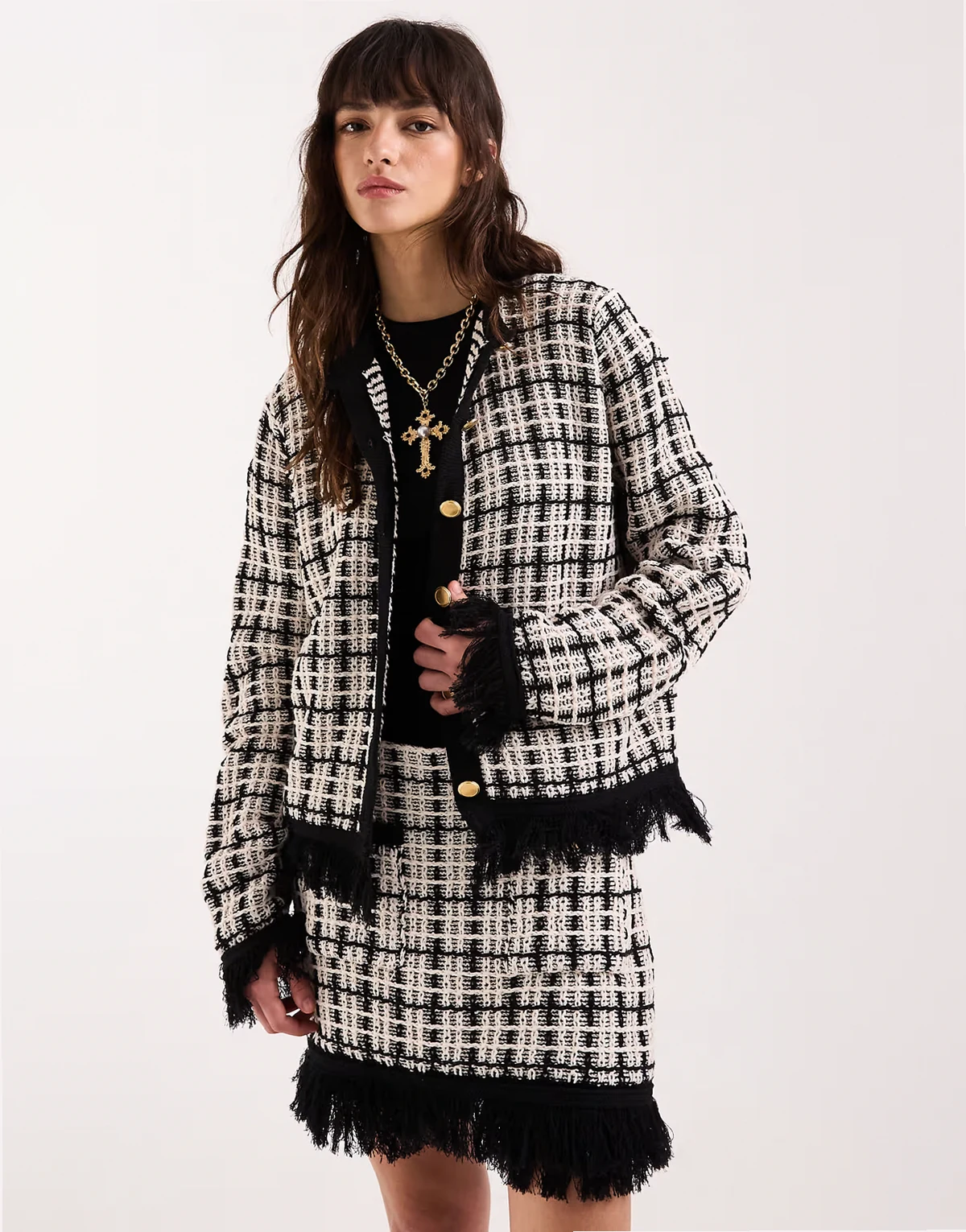 knit tweed cardigan in black and ecru - part of a set