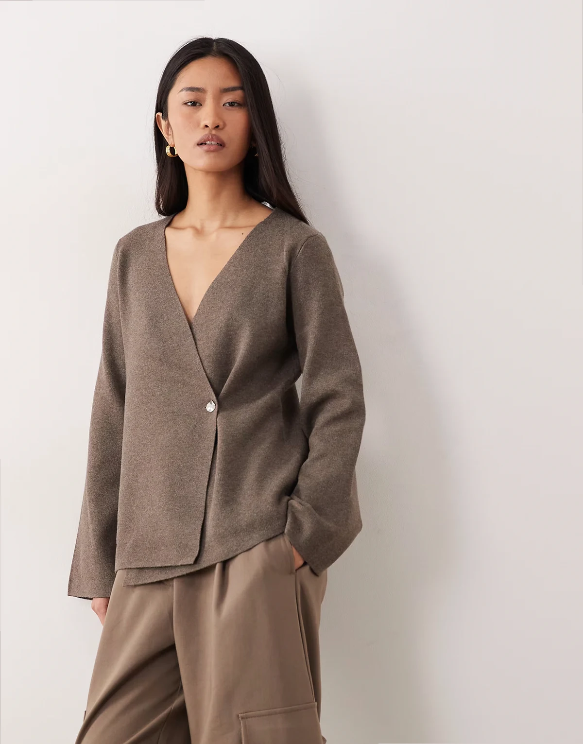 button detail structured cardigan in brown