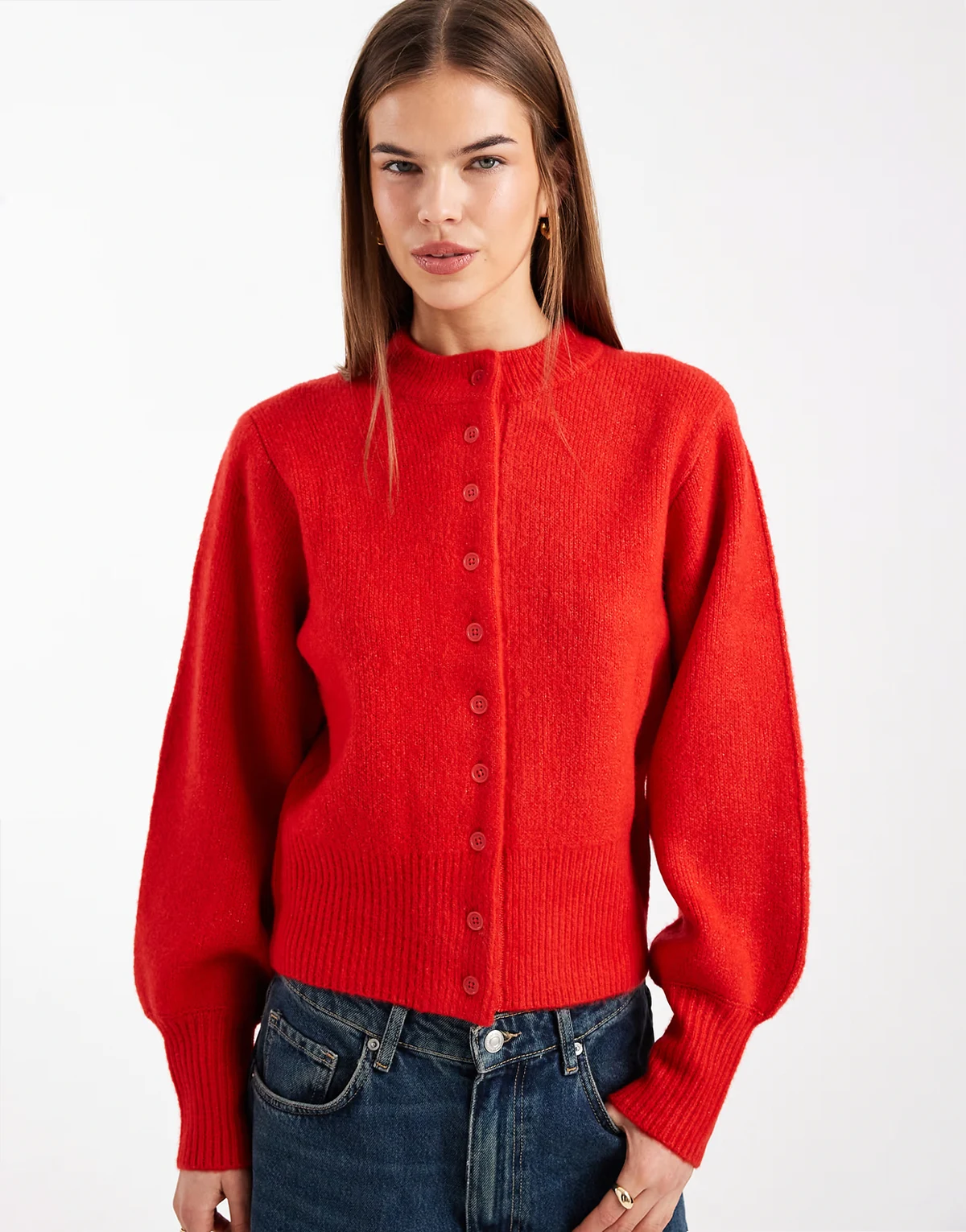 compact fluffy cardigan with structured sleeve in red