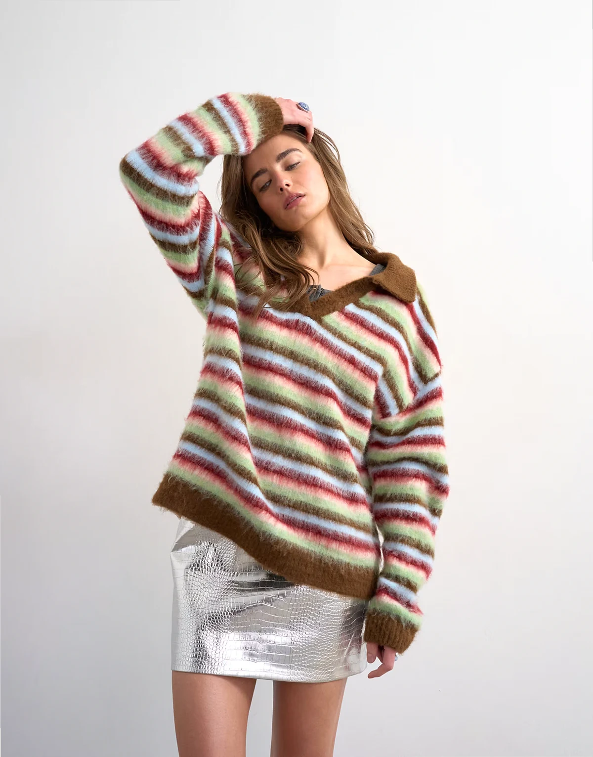 fluffy knit striped polo sweater in multi