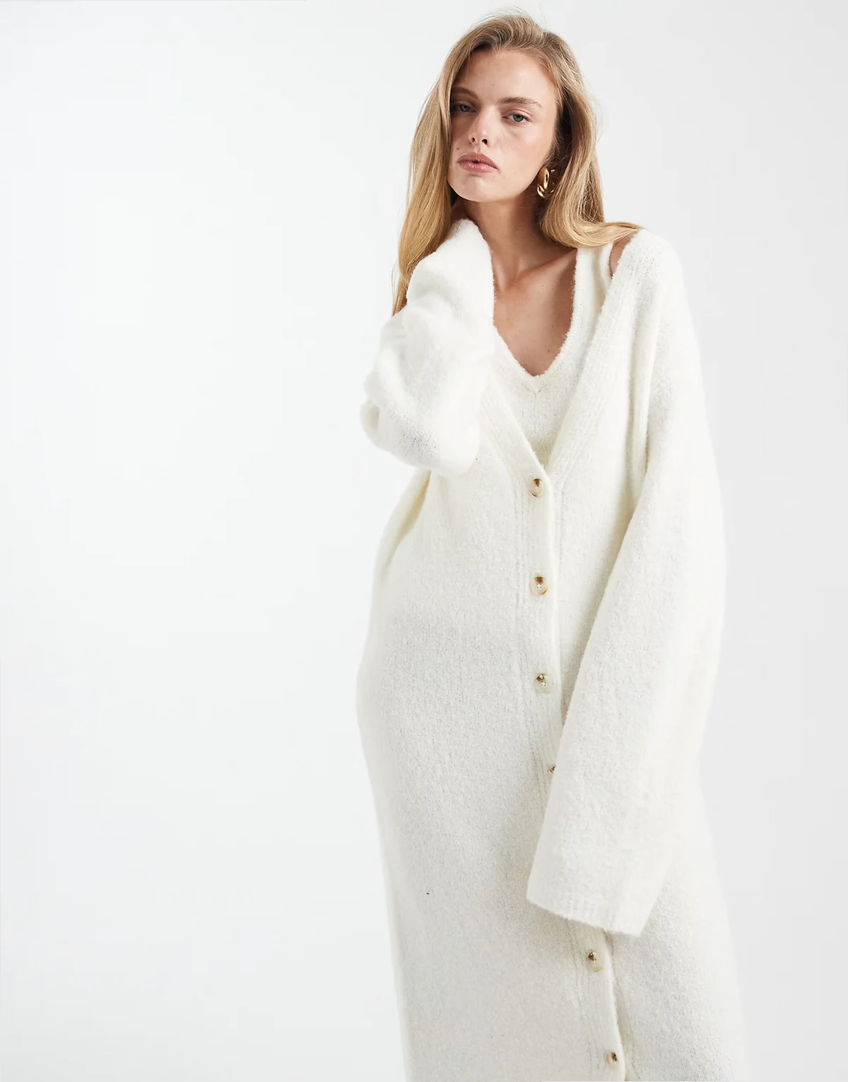 wool feel soft knit v-neck maxi cardigan in cream - part of a set