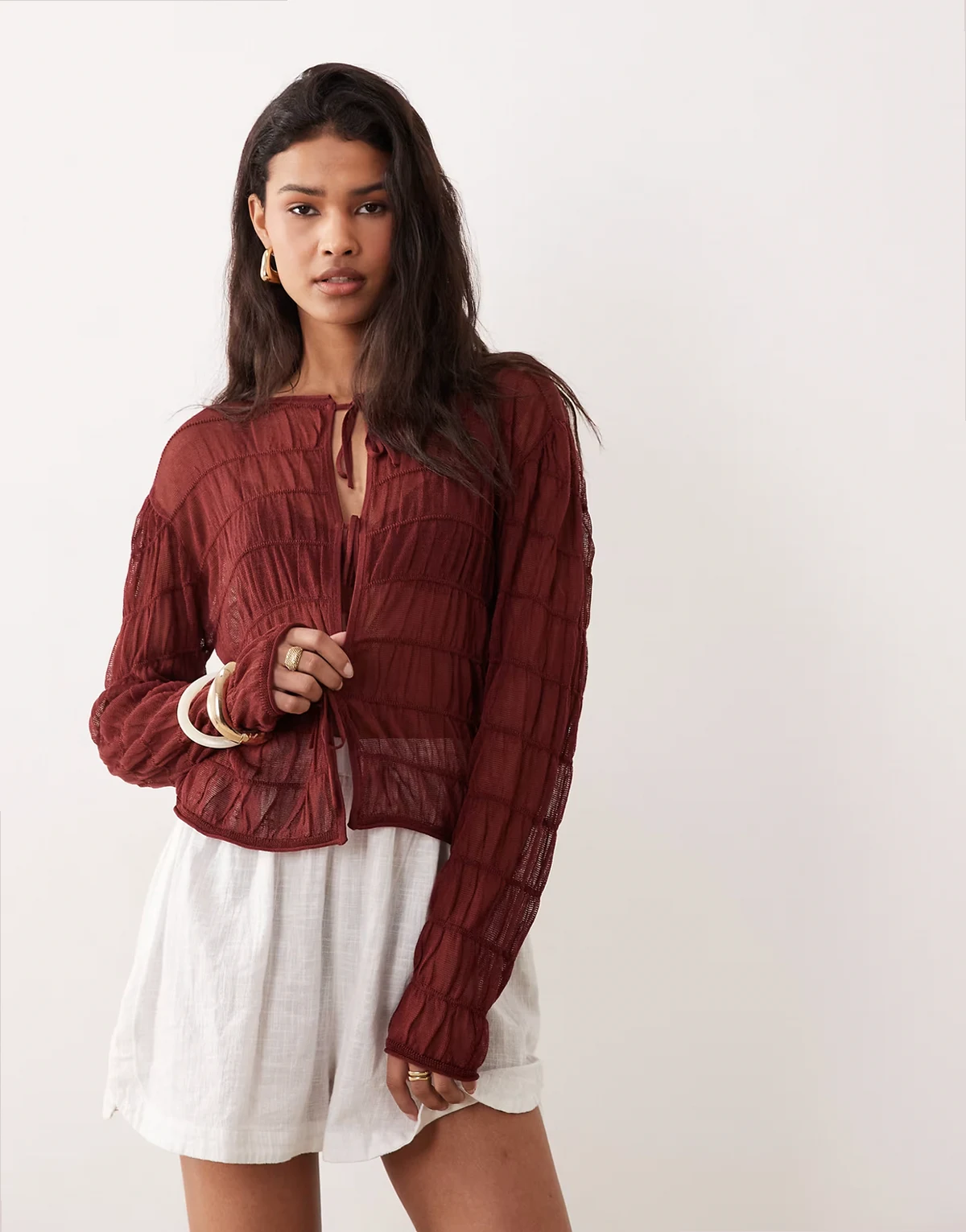 shirred tie front sheer knit cardigan in plum