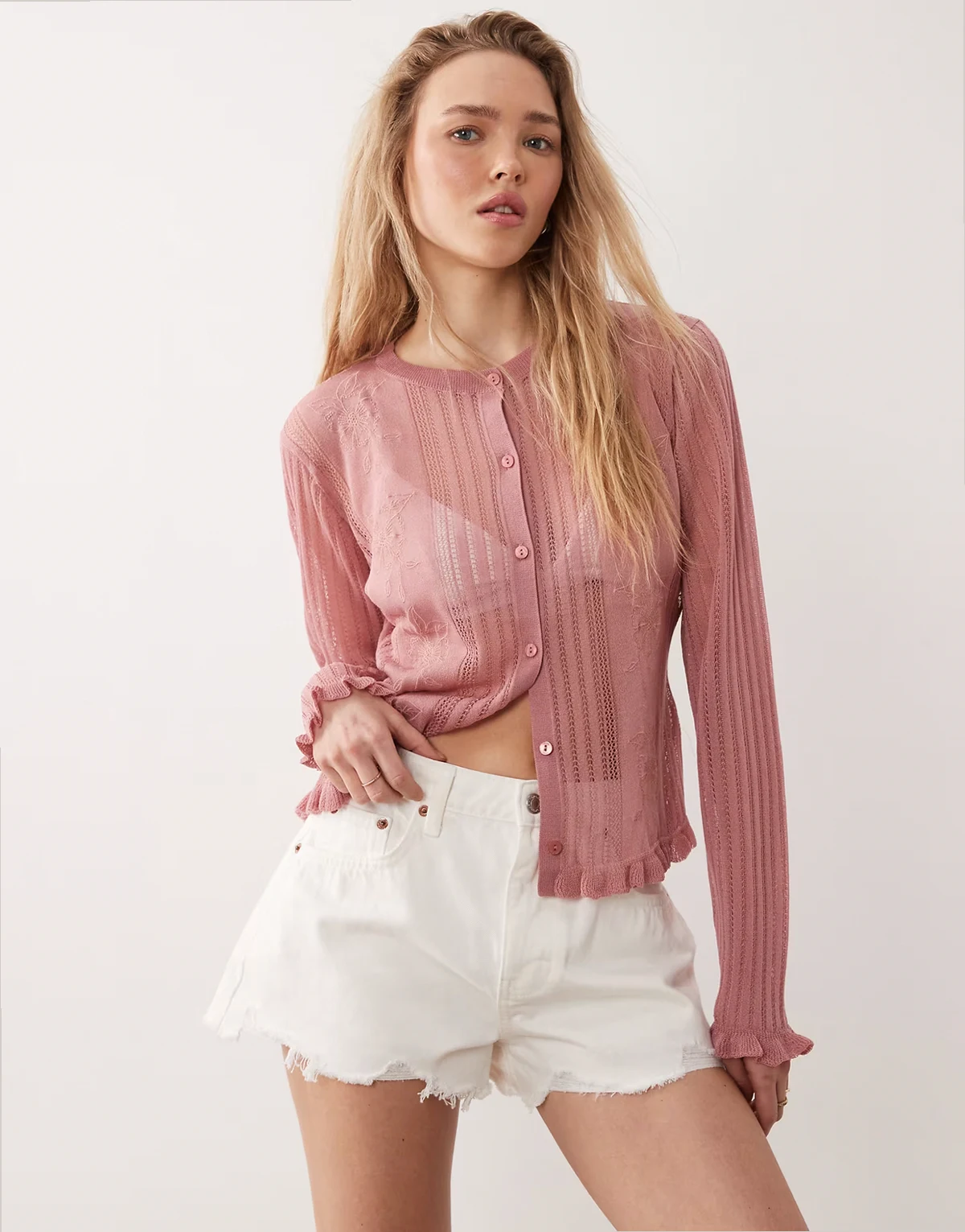– Bestickte, transparente Strickjacke in Rosa