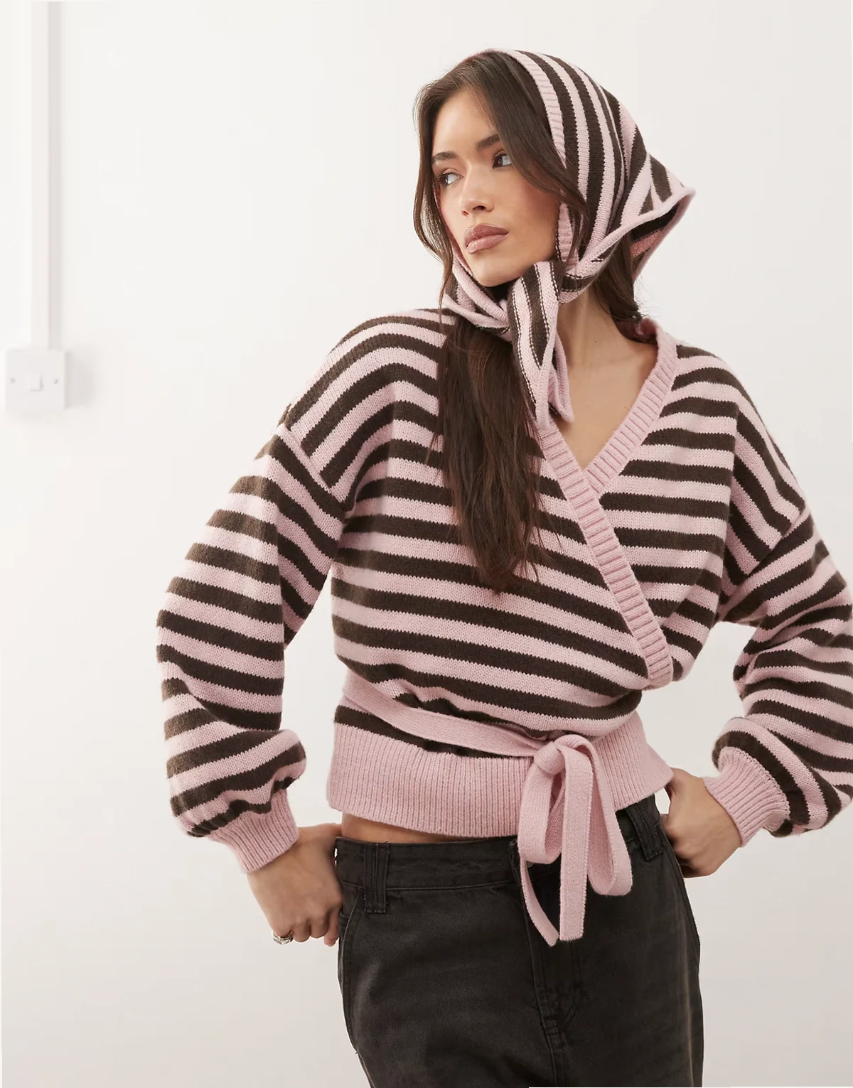 knit wrap cardigan with matching head scarf in pink and brown stripes