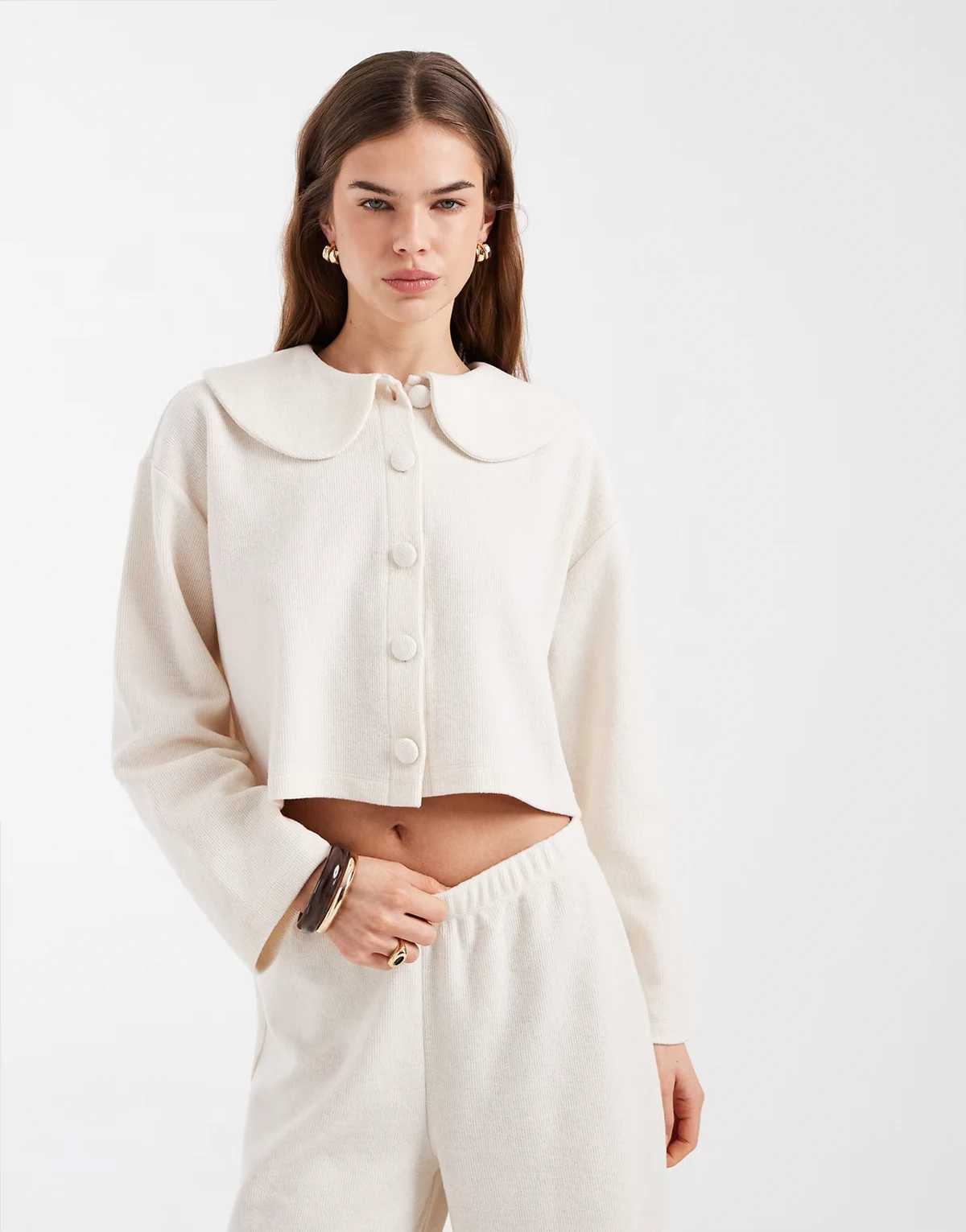 soft rib knit cardigan with peter pan collar in cream - part of a set