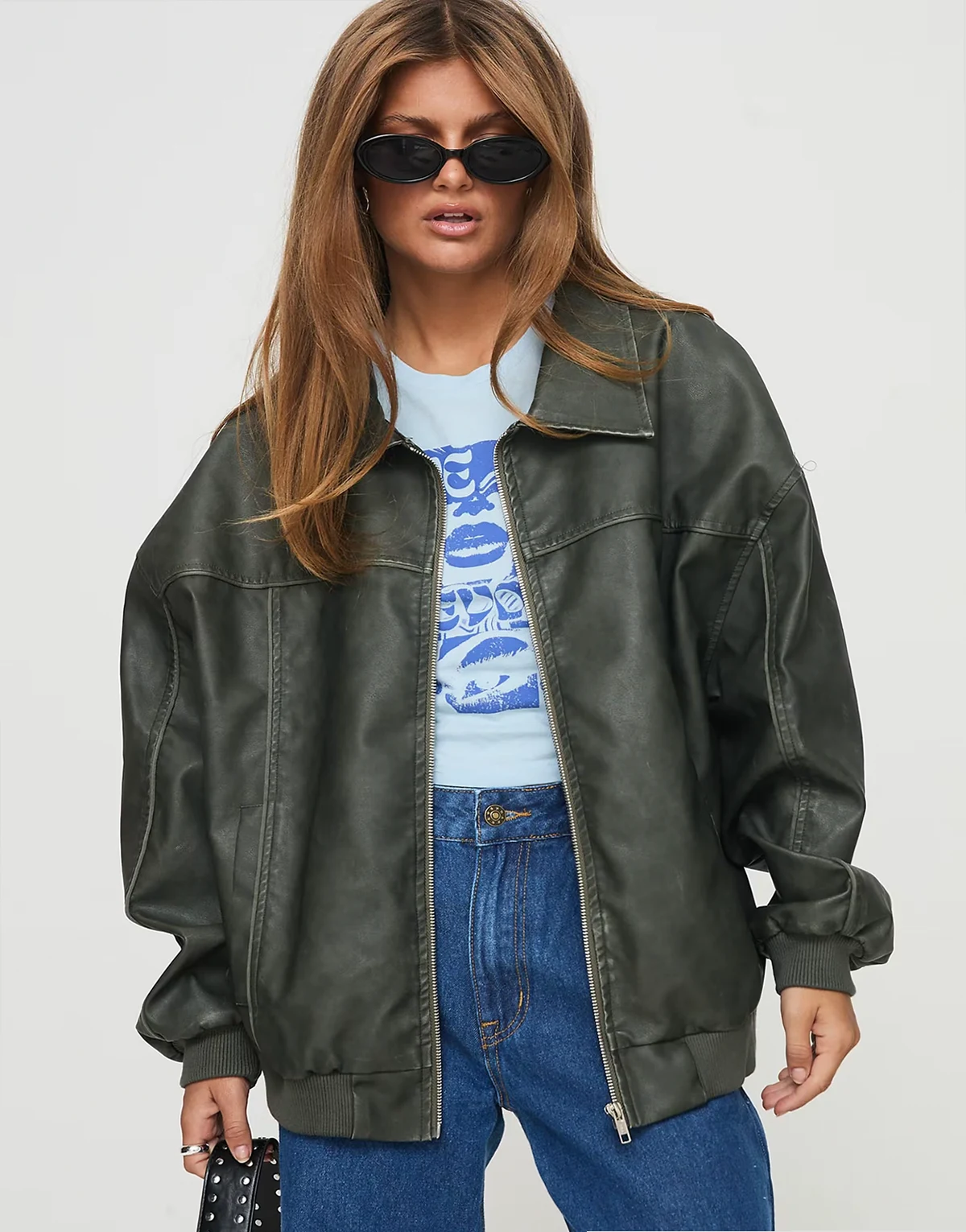 Goldsmith faux leather seam detail bomber jacket in washed green