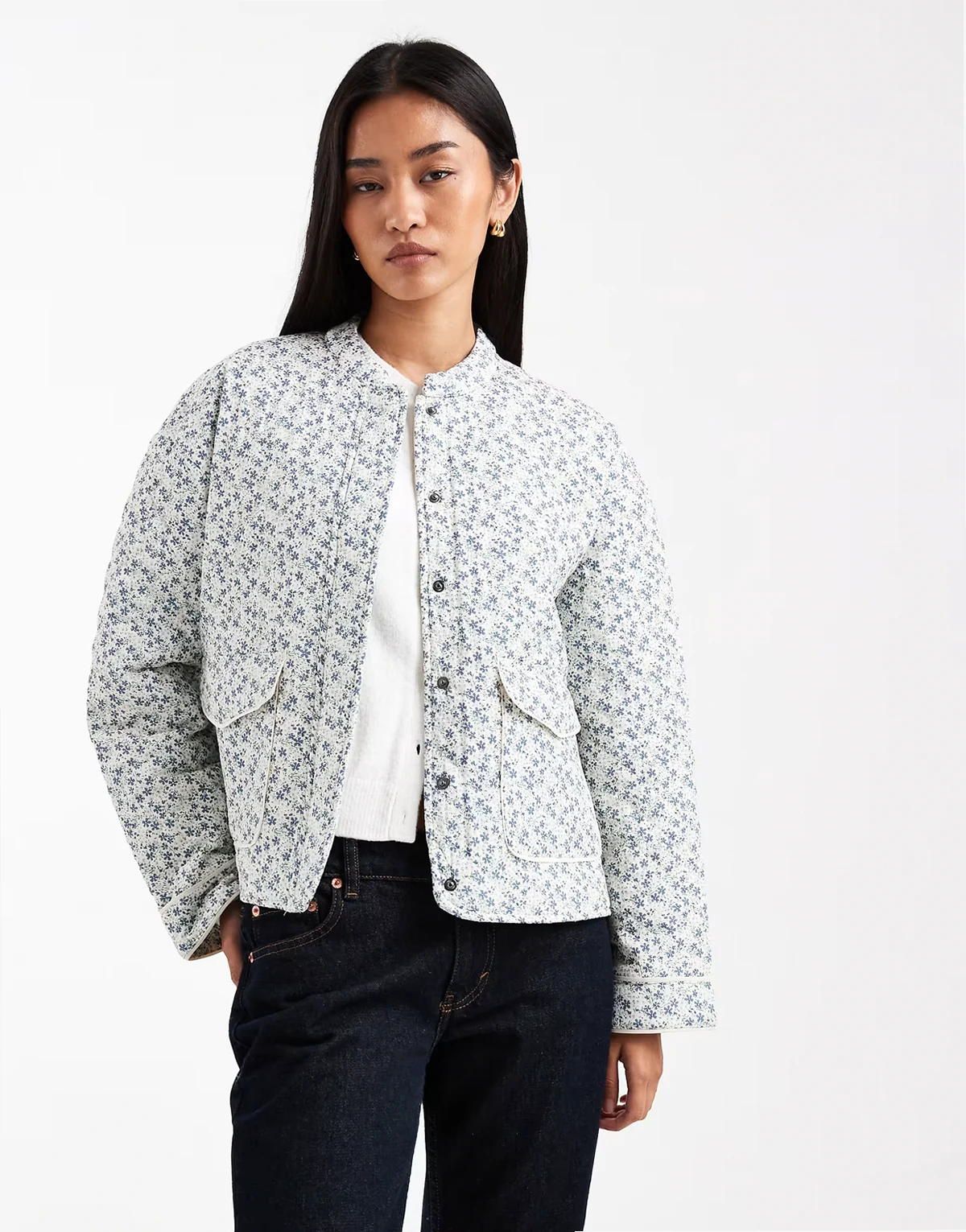 quilted jacket in blue floral print