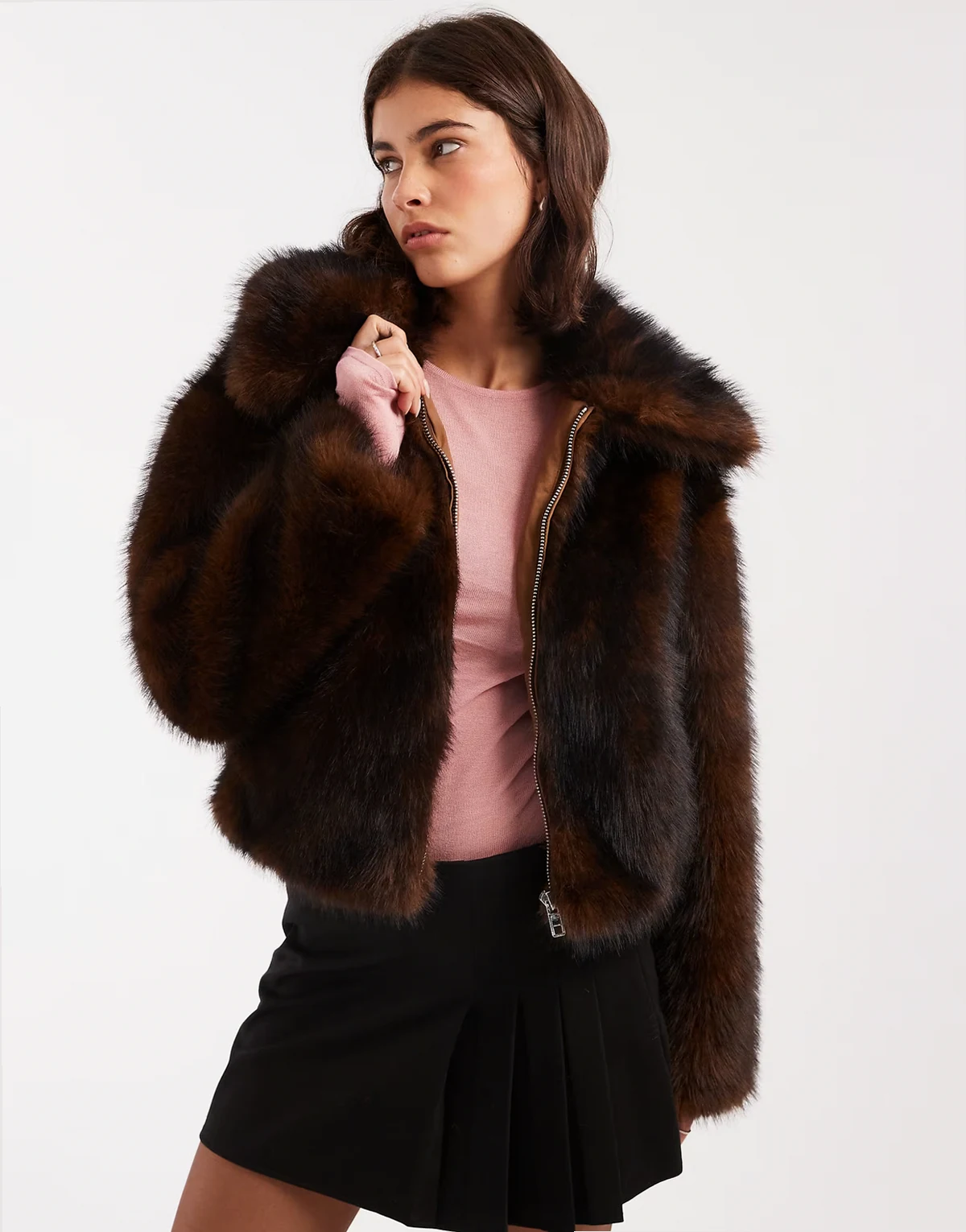 faux fur collar detail bomber jacket in chocolate