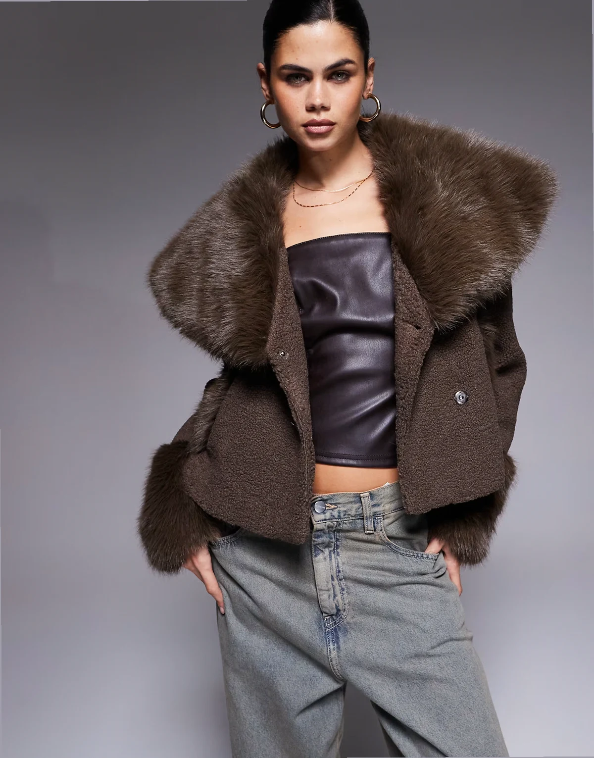 exclusive bouclé faux fur oversized collar and cuff detailing jacket in chocolate