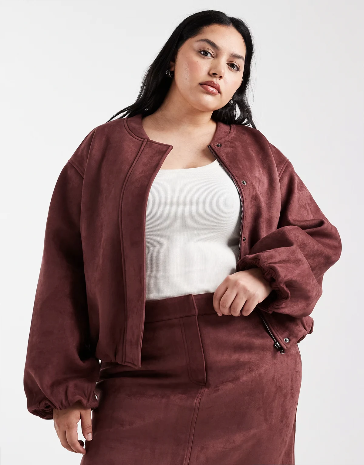 faux suede bomber jacket in burgundy - part of a set