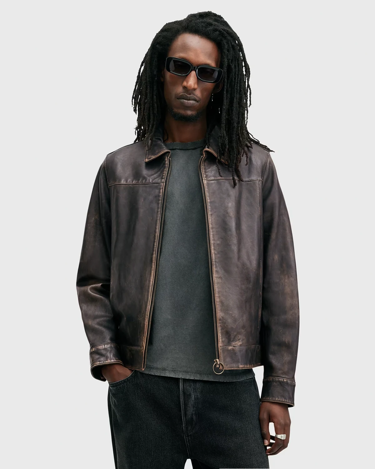 Alkan washed leather zip jacket in black