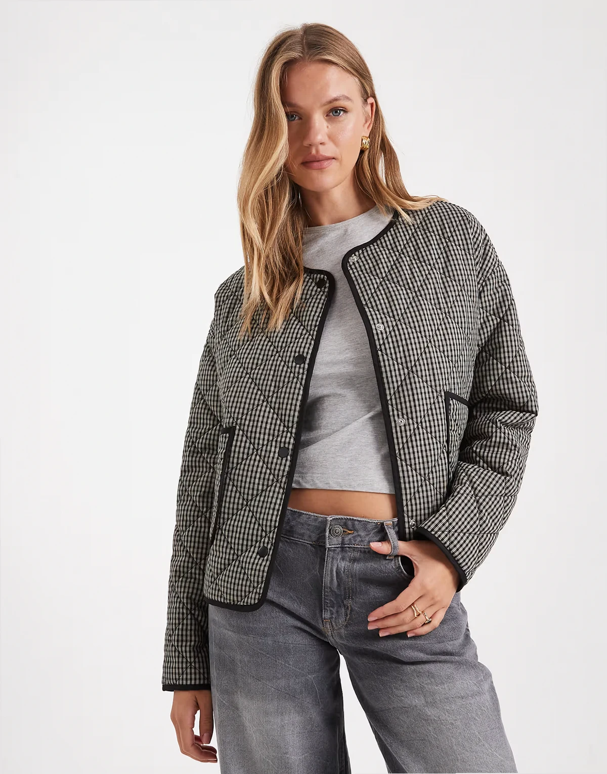 padded jacket with contrast trim in gray and black