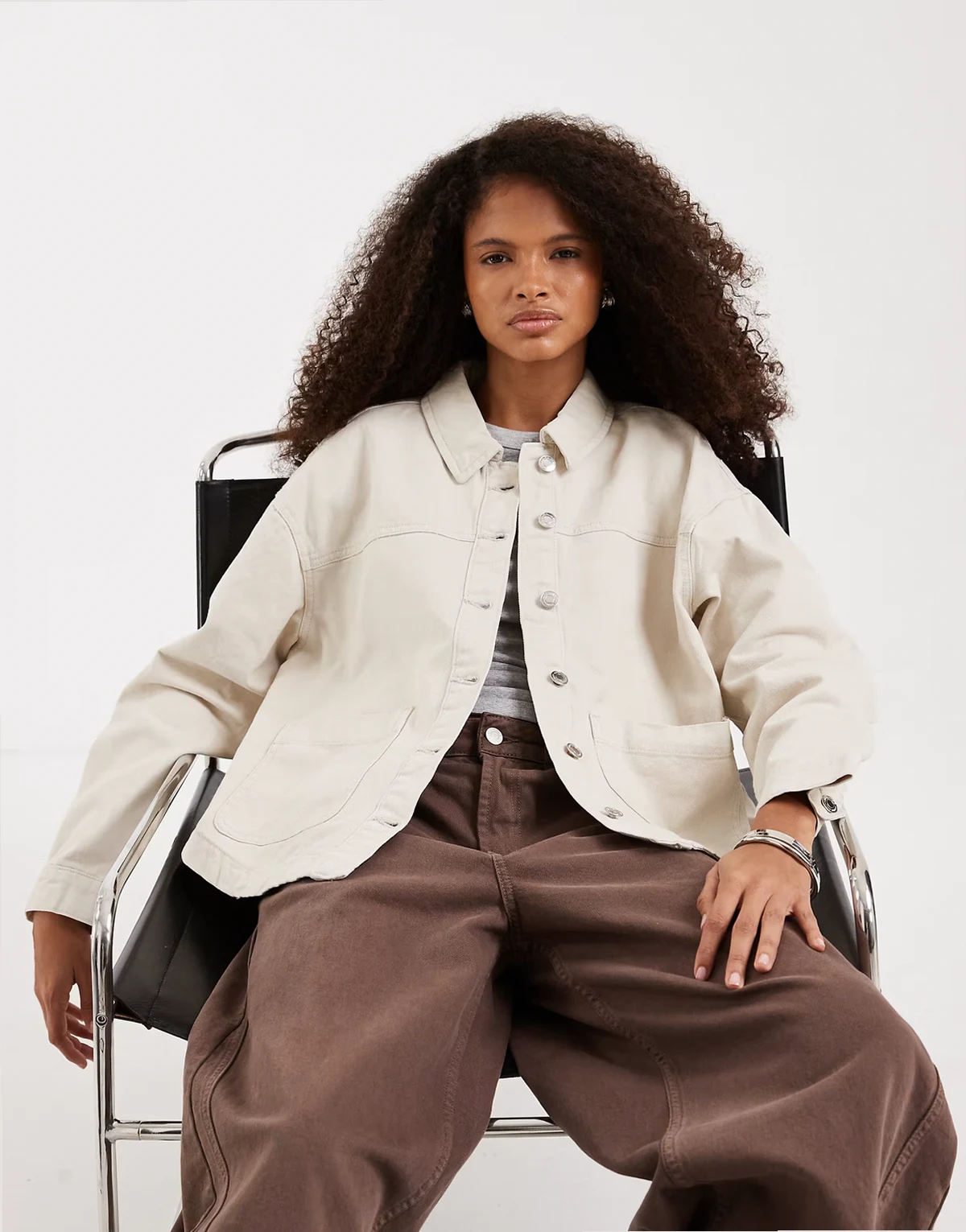 denim shacket with front pockets in cream