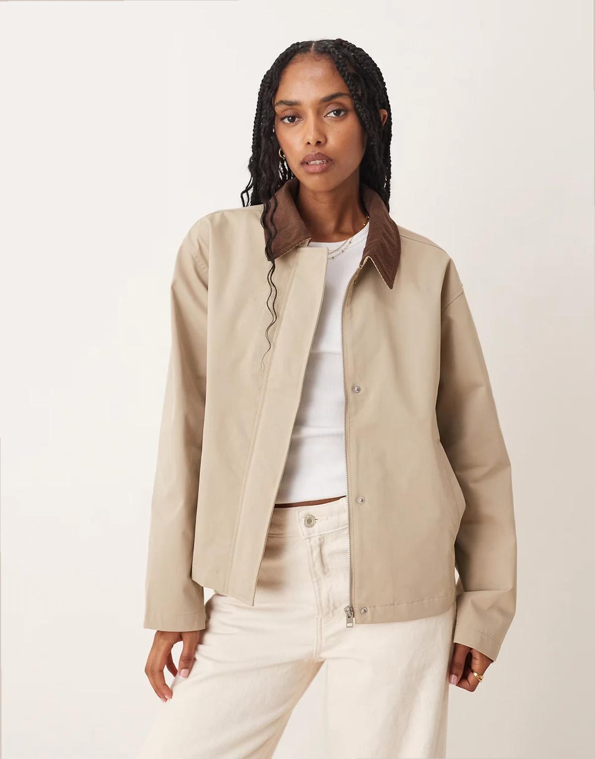 workwear barn jacket in cream with cord collar