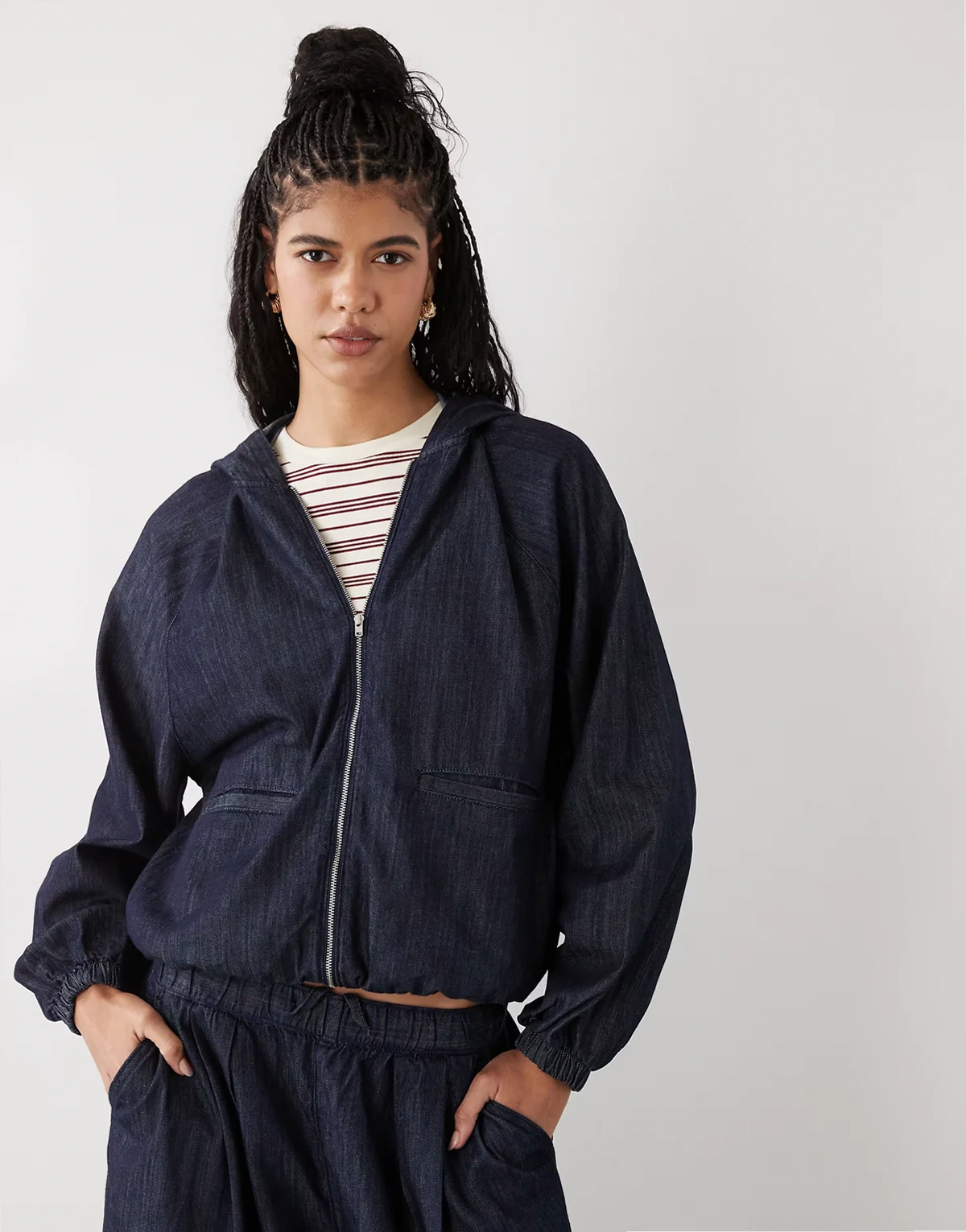 hooded denim track jacket in rinse wash -set
