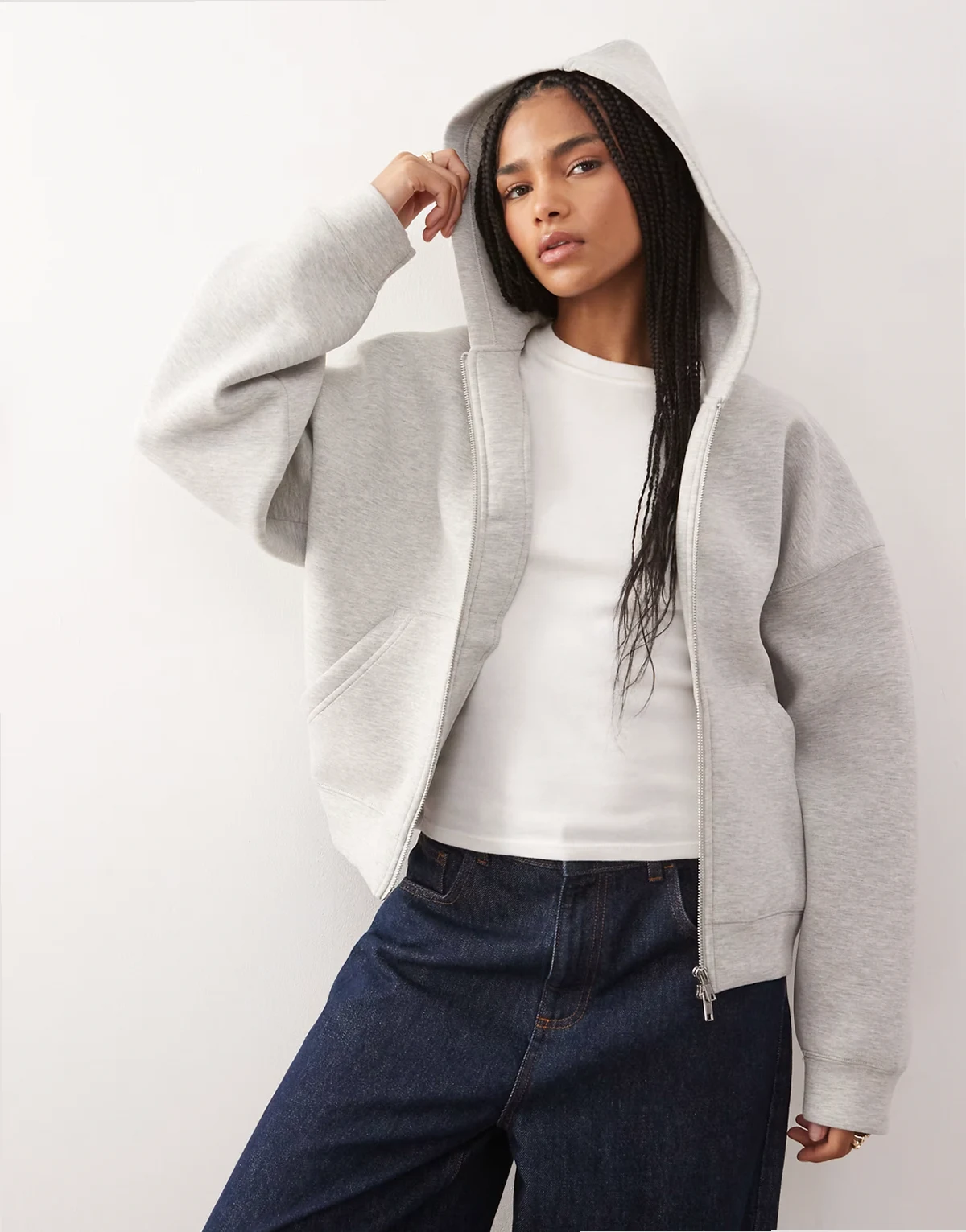 – Scarlet – Oversize-Kapuzenjacke in Grau meliert aus Stoff in Neoprenoptik