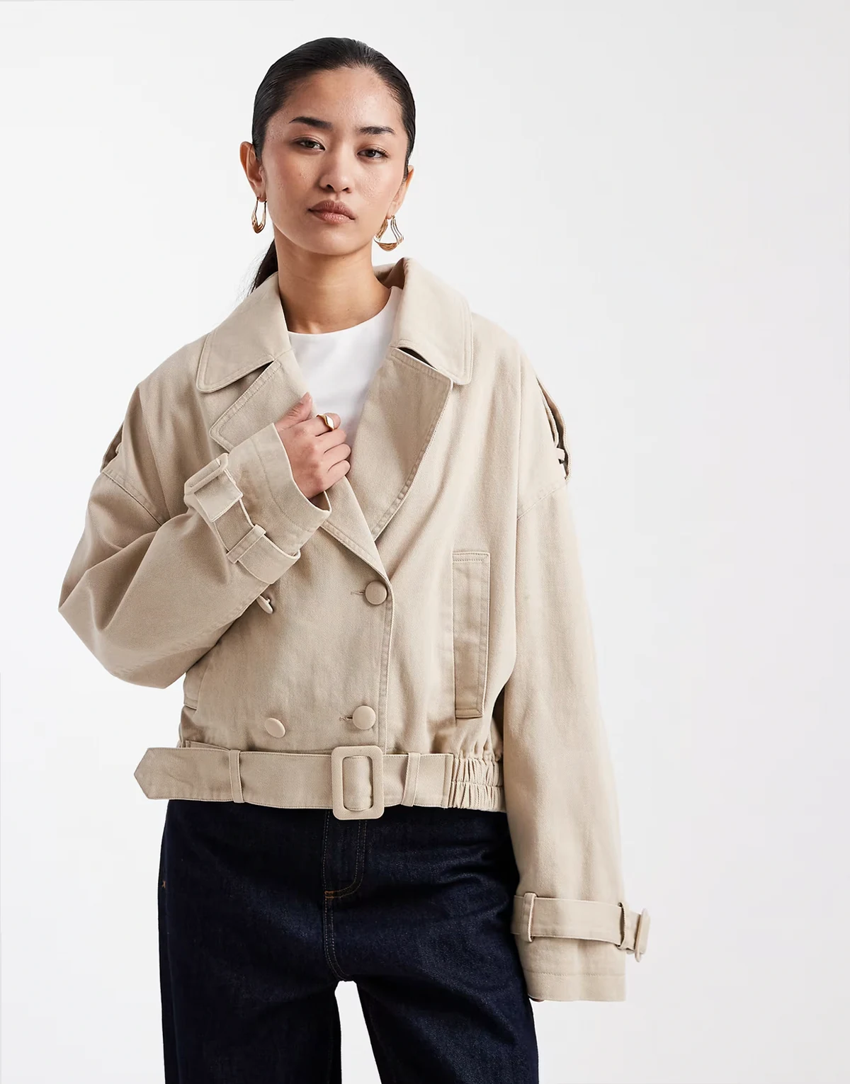 belted cropped trench jacket in stone wash
