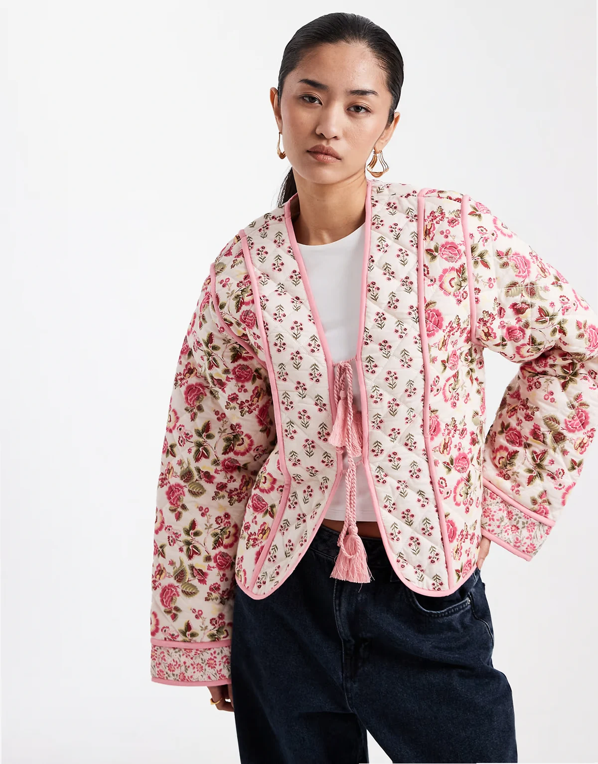 mixed prints tie front padded cotton jacket in multi