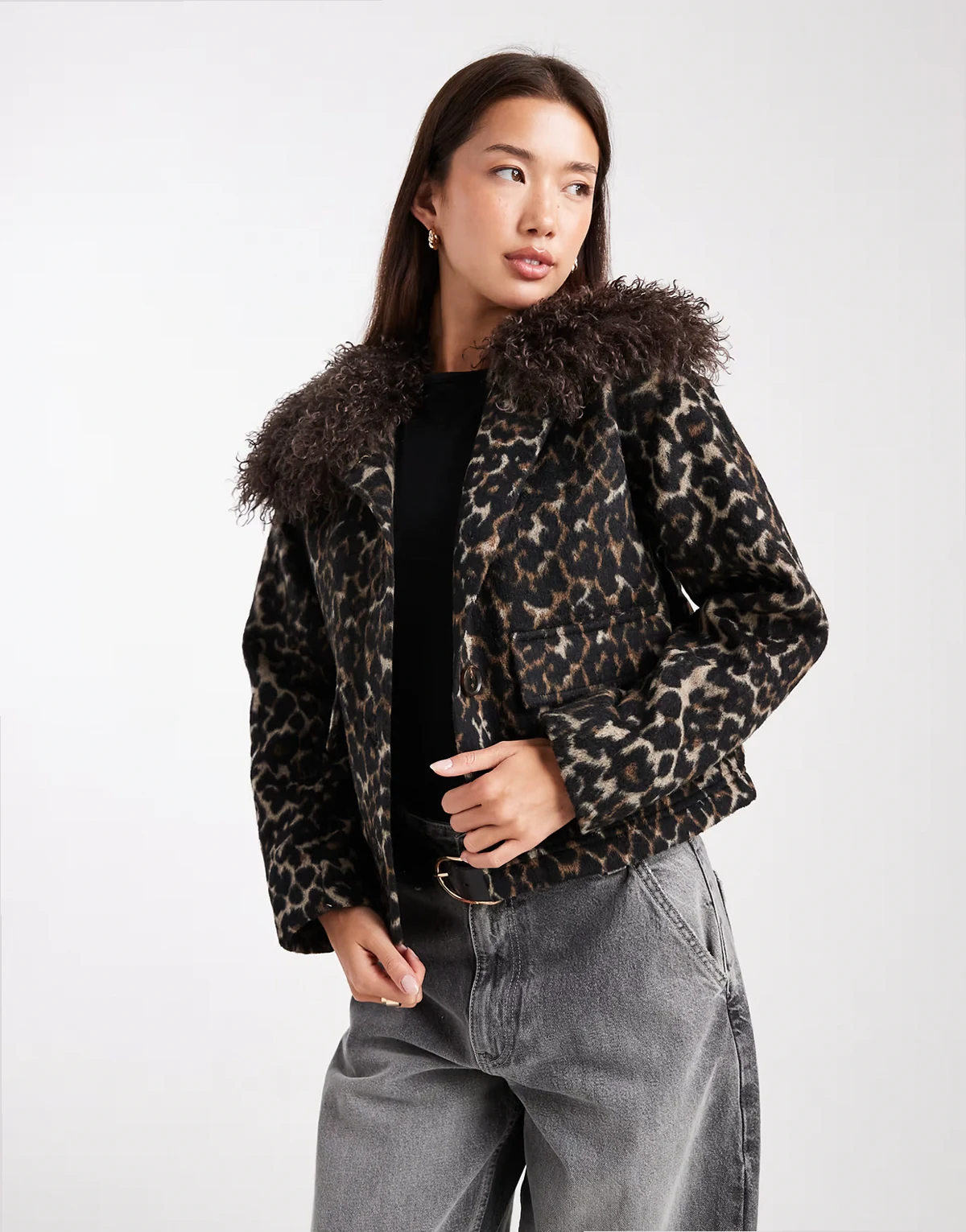 faux fur trim leopard print jacket in brown