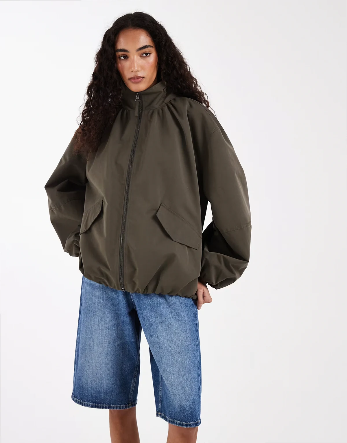 ASOS DESIGN Tall oversized funnel neck bubble hem bomber jacket in khaki green