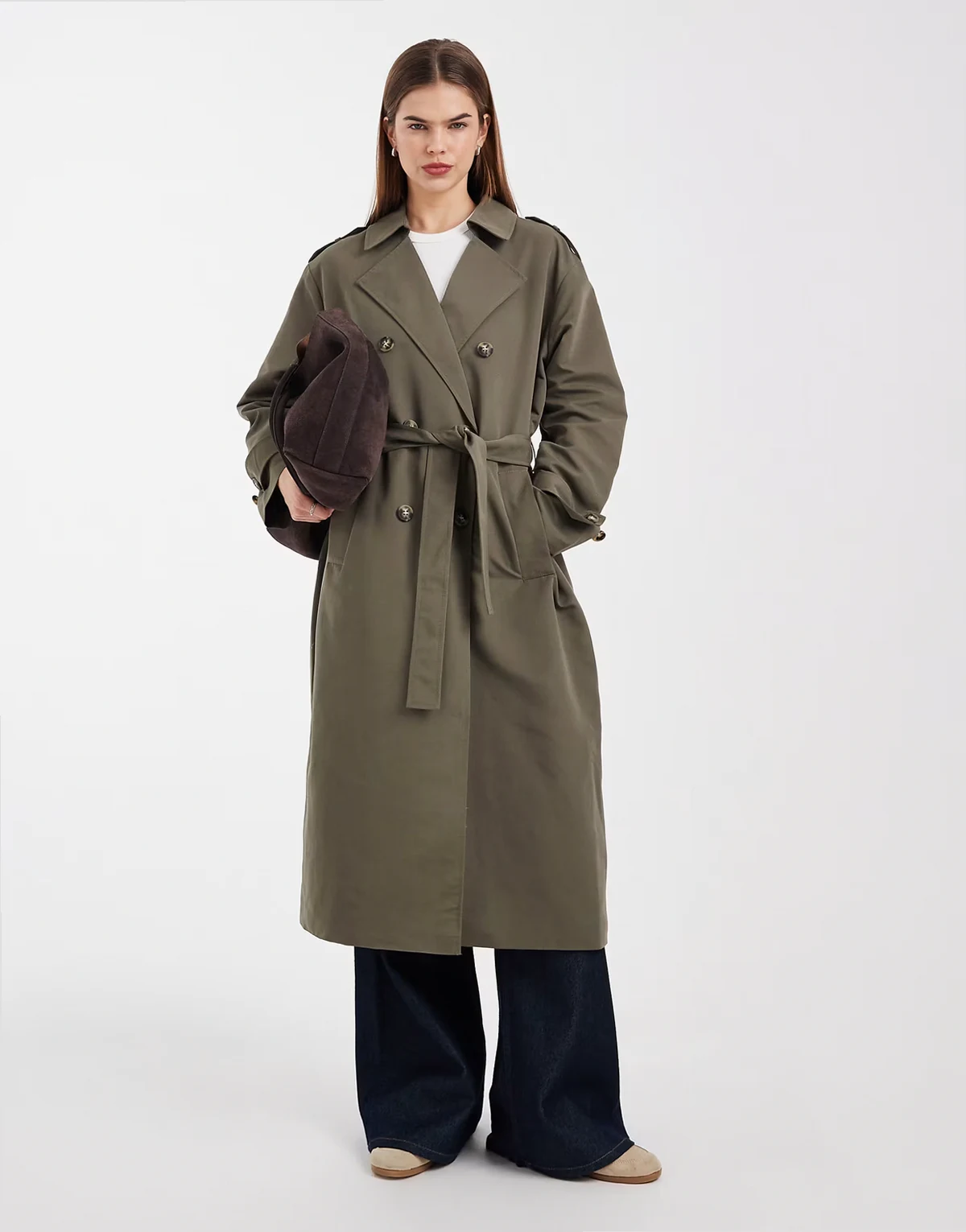 longline belted trench coat in kalamata green