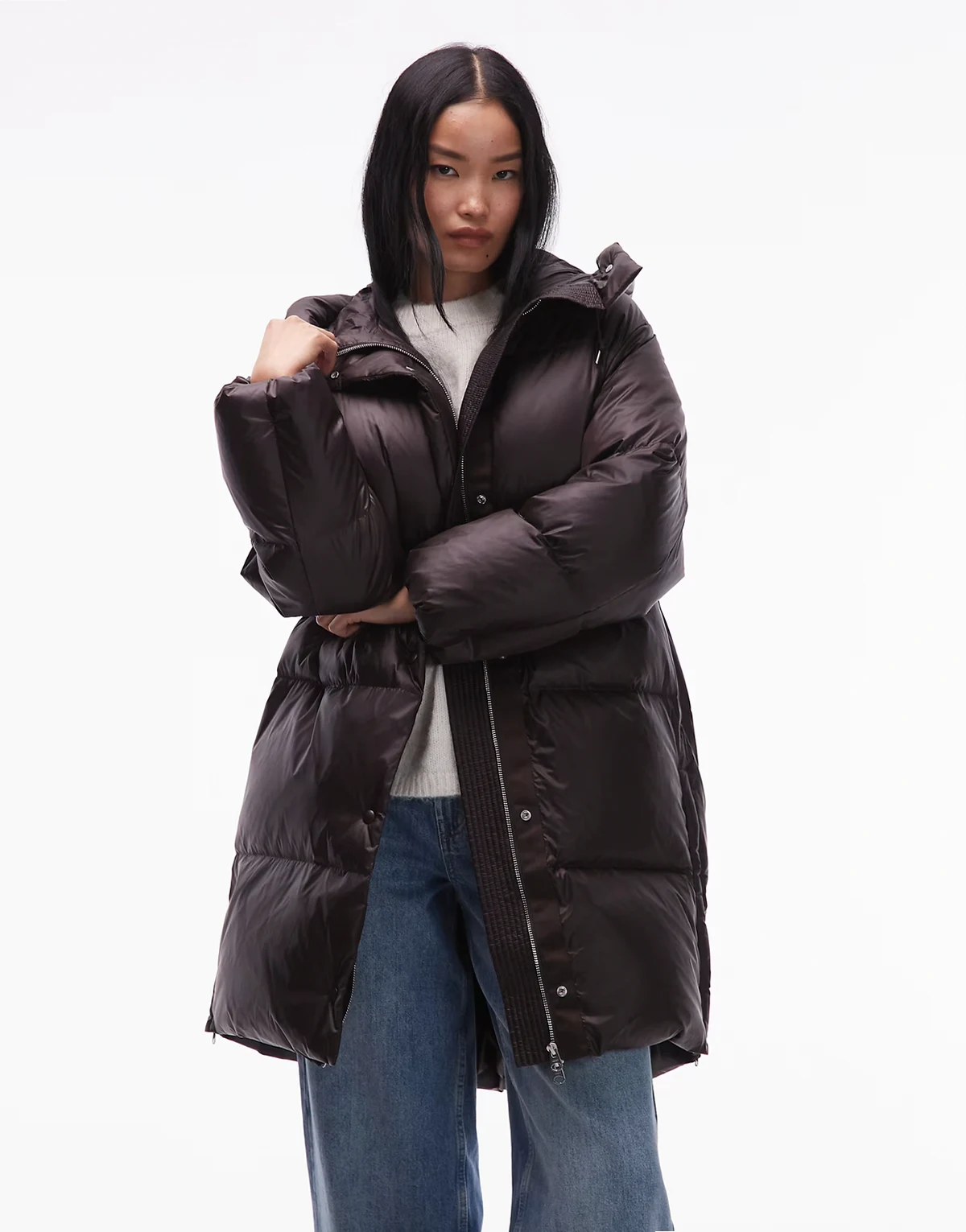 down longline hooded puffer jacket in dark brown