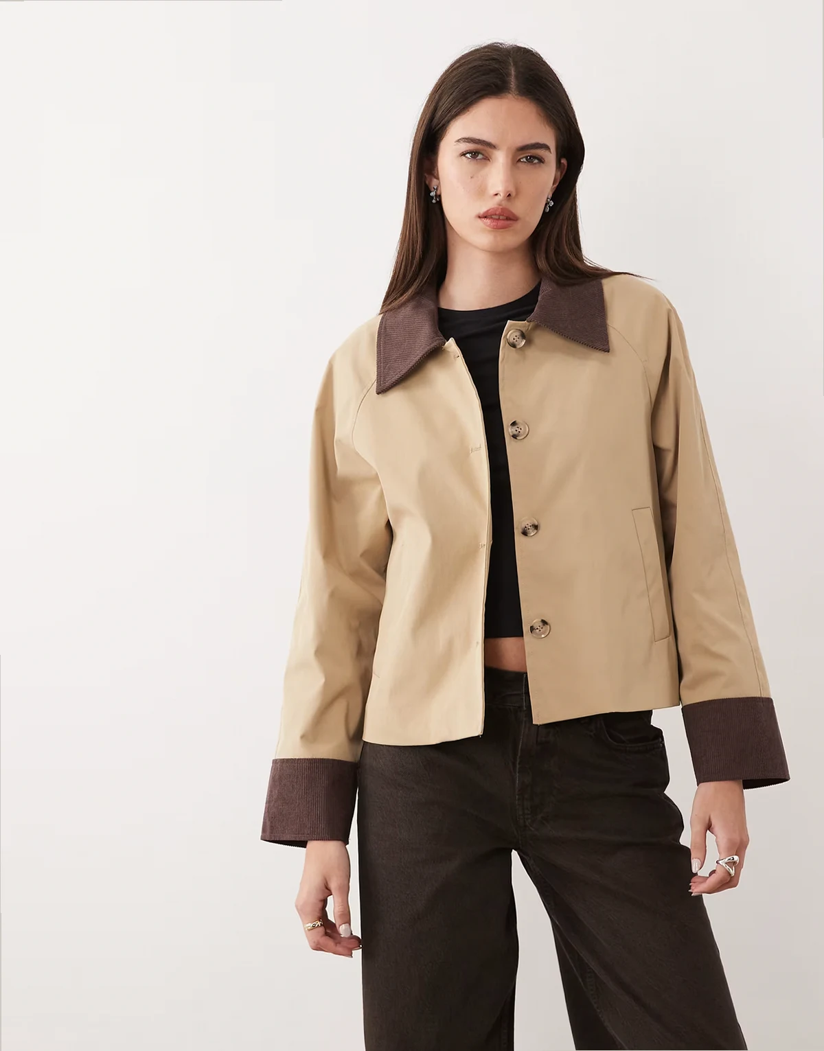 corduroy trim barn jacket in beige