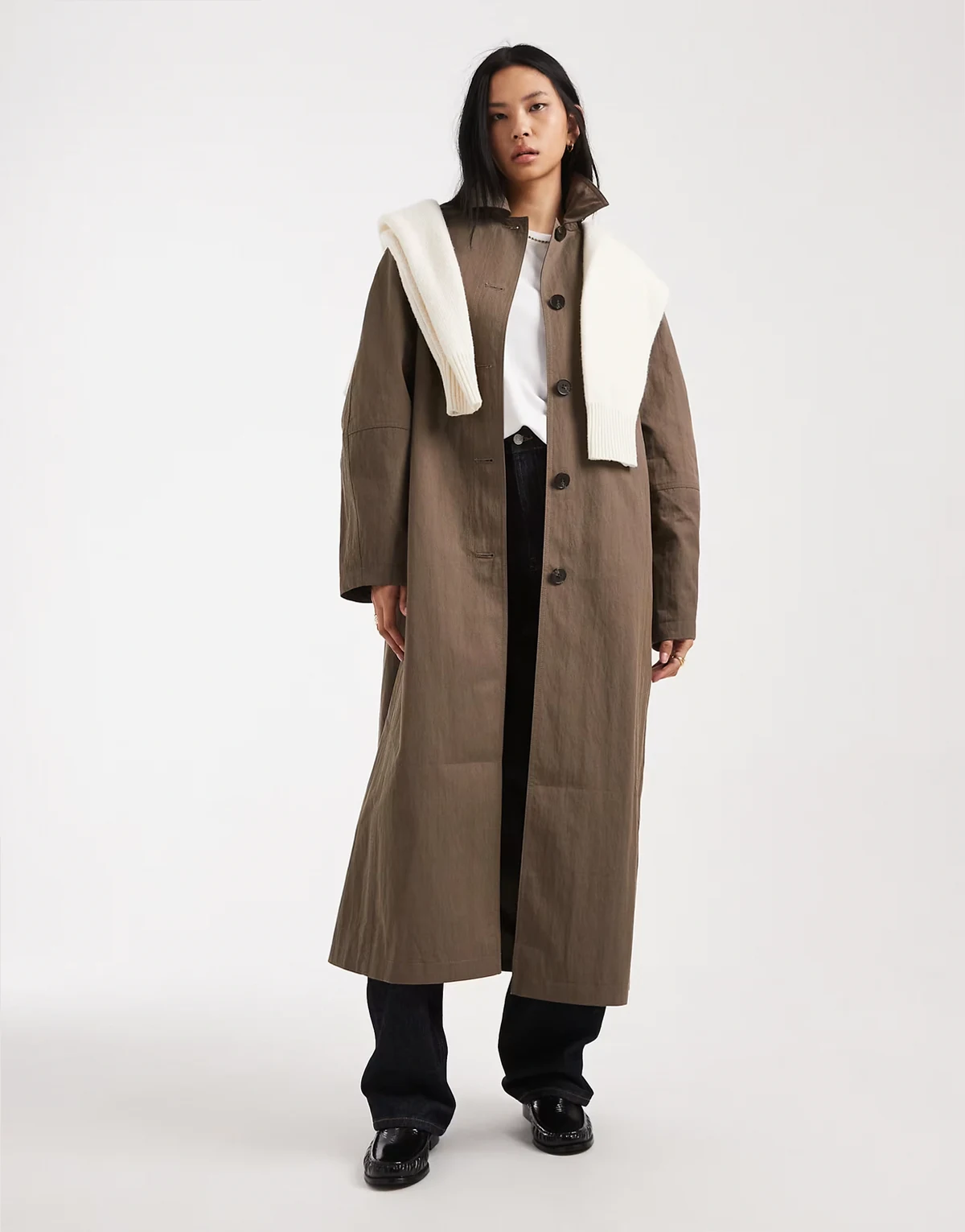 ASOS DESIGN Tall pleat detail longline trench coat in mushroom
