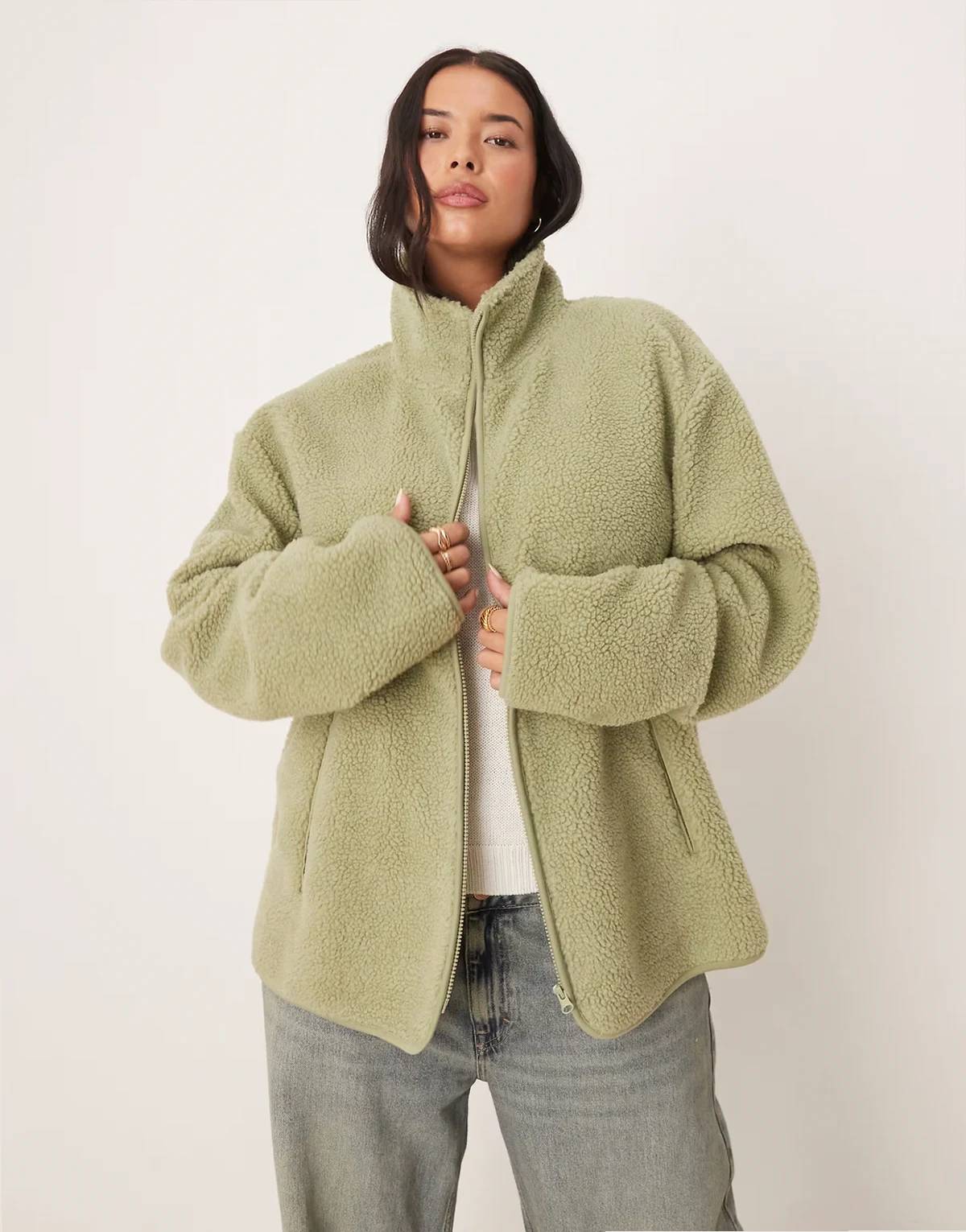 ASOS DESIGN Curve – Jacke aus Teddy-Fleece in Salbeigrün mit Reißverschluss