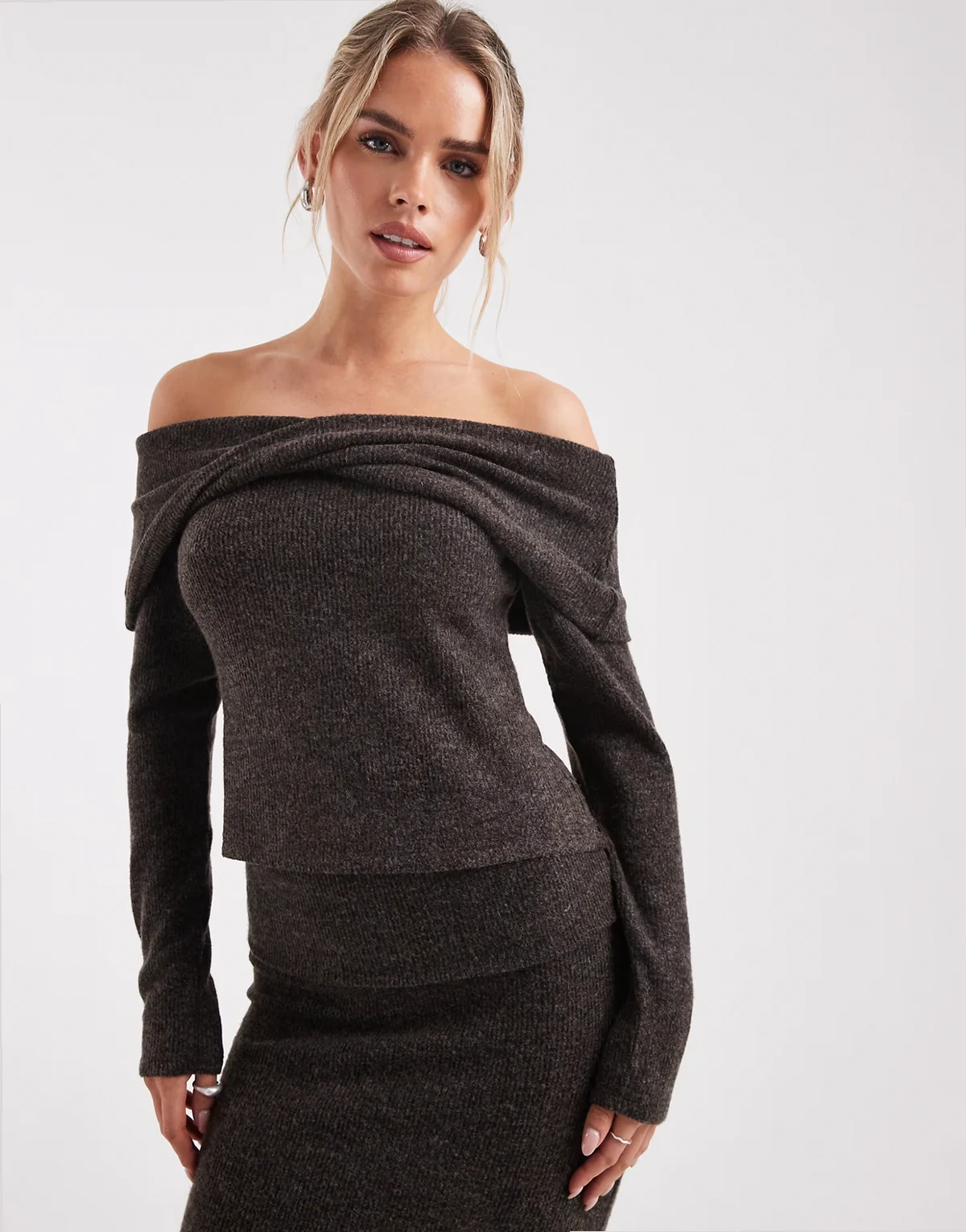 soft touch off-shoulder long sleeve top in chocolate melange - part of a set