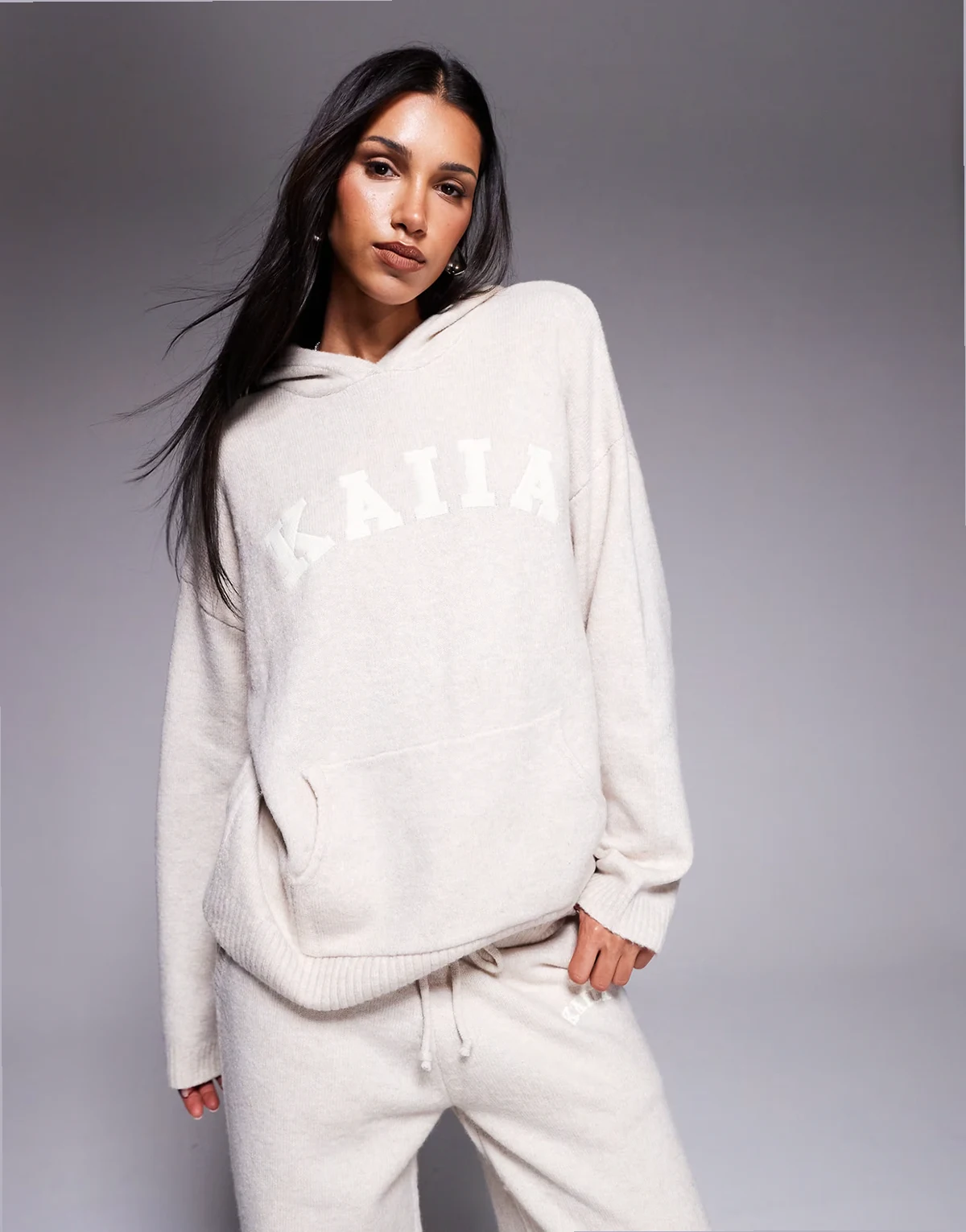 knit embroidered logo hoodie in oatmeal - part of a set