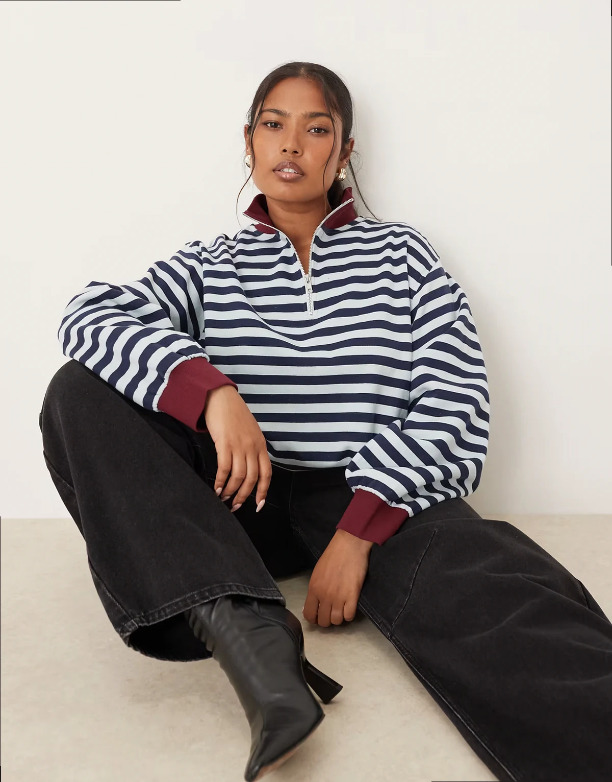 ASOS DESIGN Curve half zip sweatshirt in blue and burgundy stripes