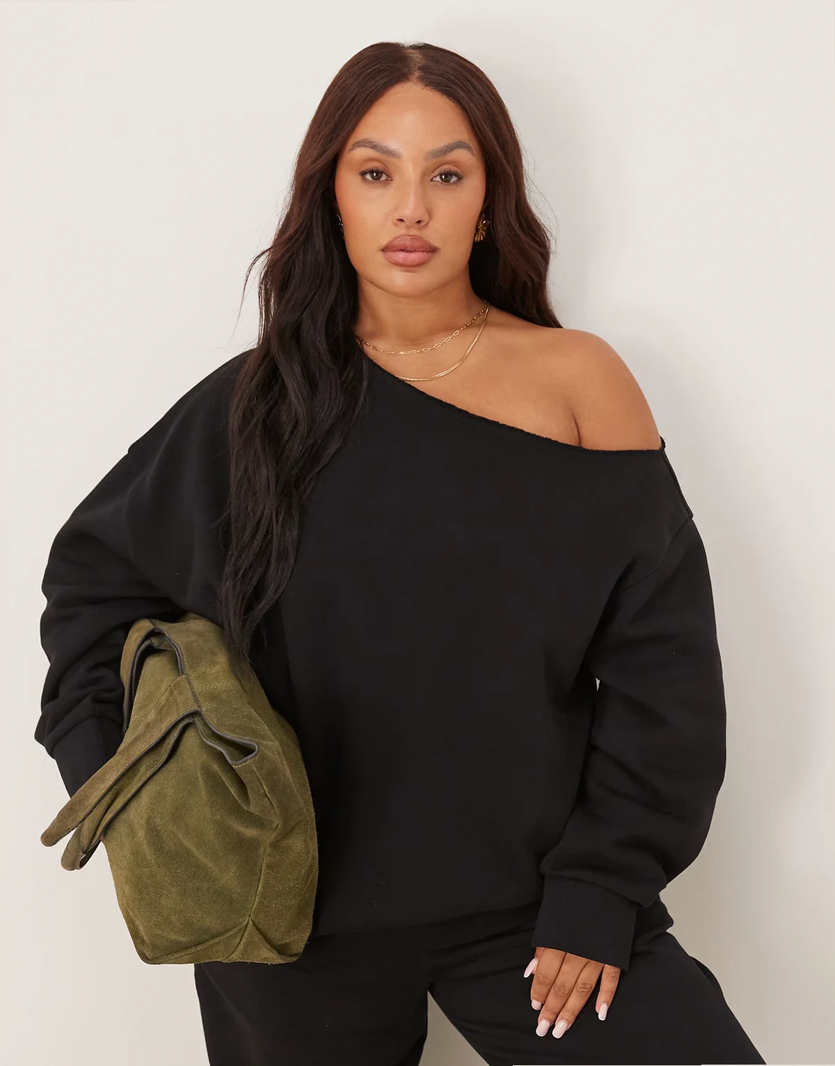 ASOS DESIGN Curve off the shoulder brushback sweatshirt in black