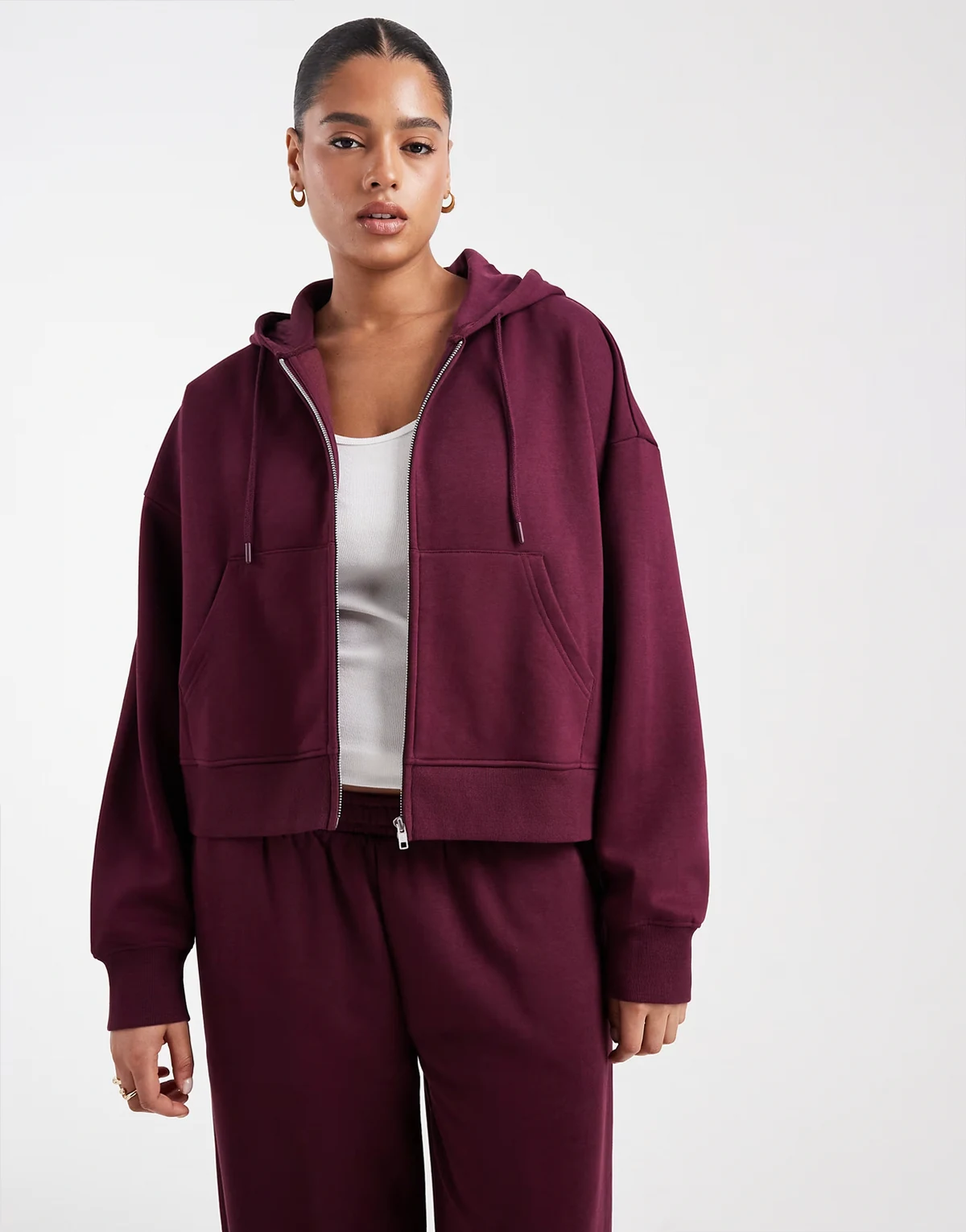 ASOS DESIGN Curve – Cropped-Kapuzenjacke in Pflaume mit weicher Innenseite