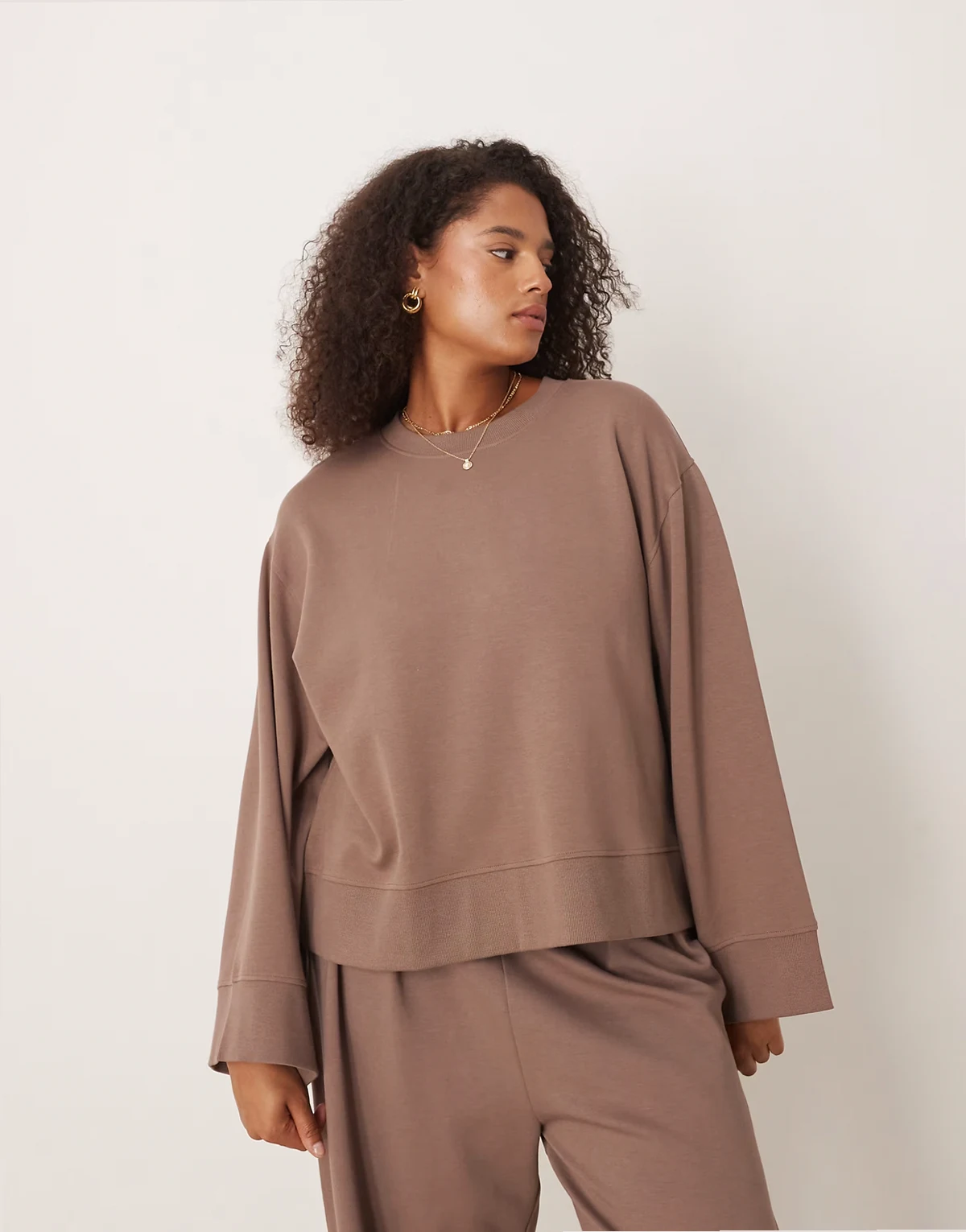 ASOS DESIGN Curve interlock oversized crew neck top in deep taupe