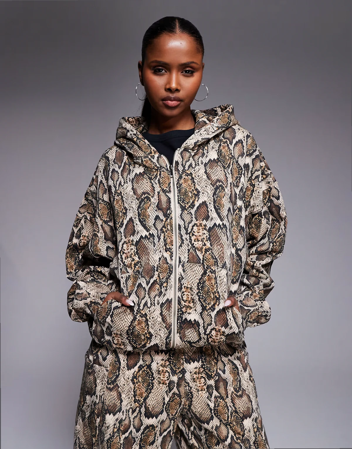 Oren cotton zip up hoodie in sand snake print - part of a set