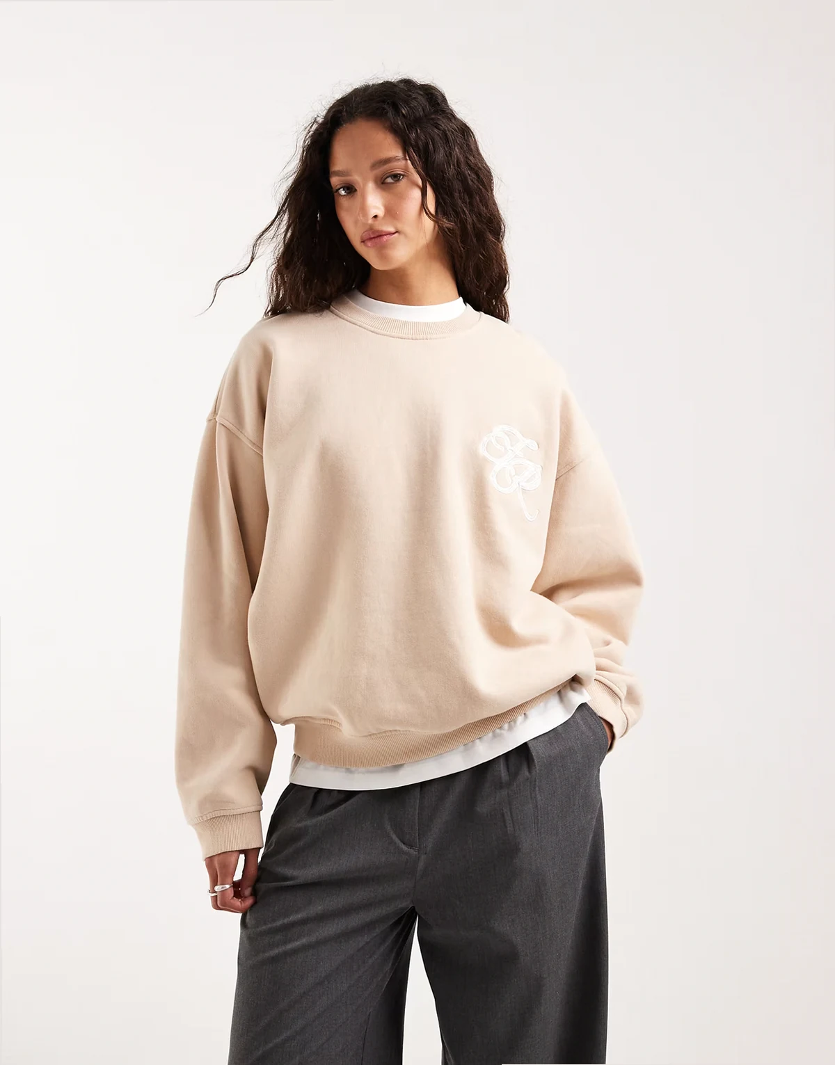 cotton embroidered logo crew neck sweatshirt in beige