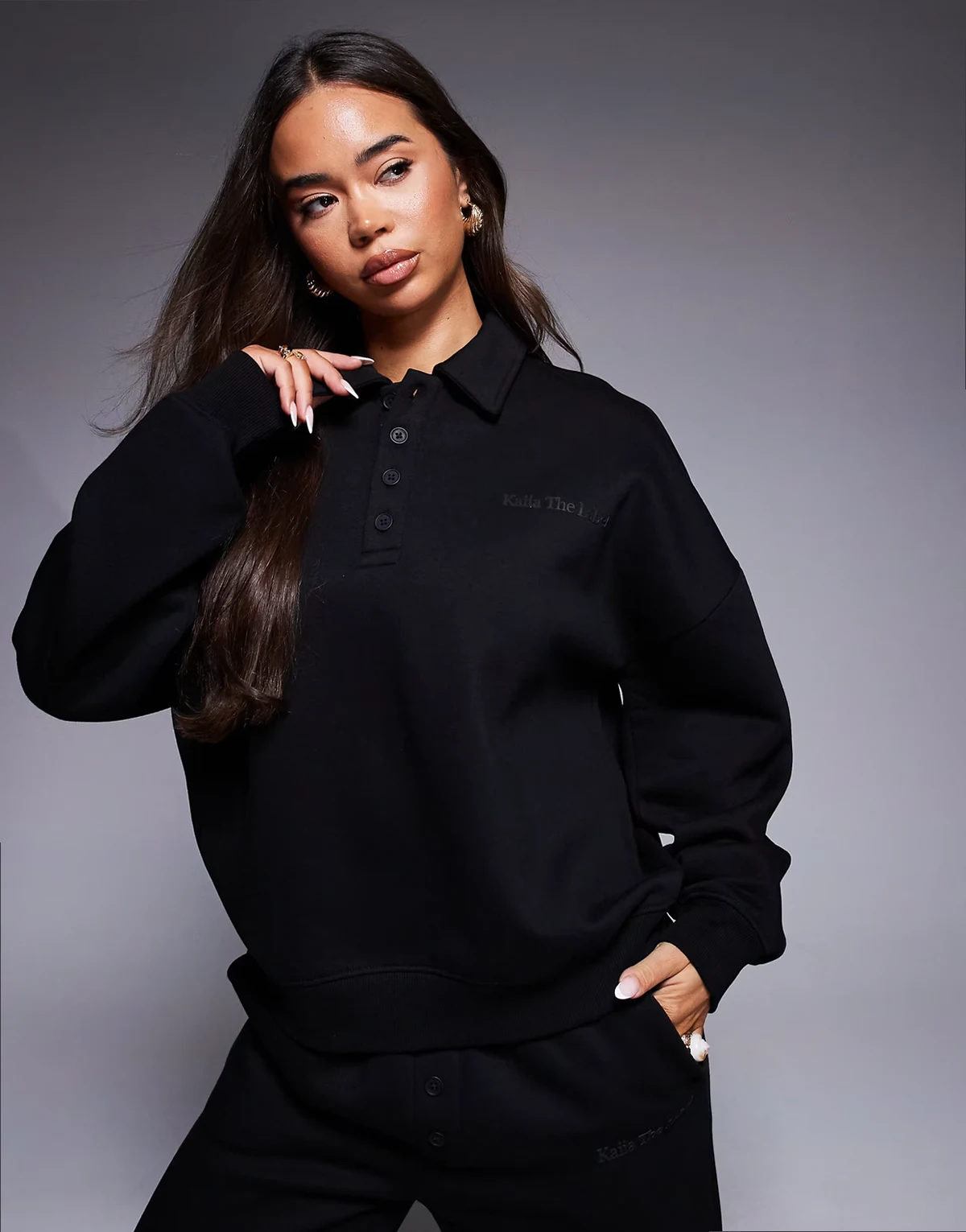 cotton rich logo detail button front collared sweatshirt in black - part of a set