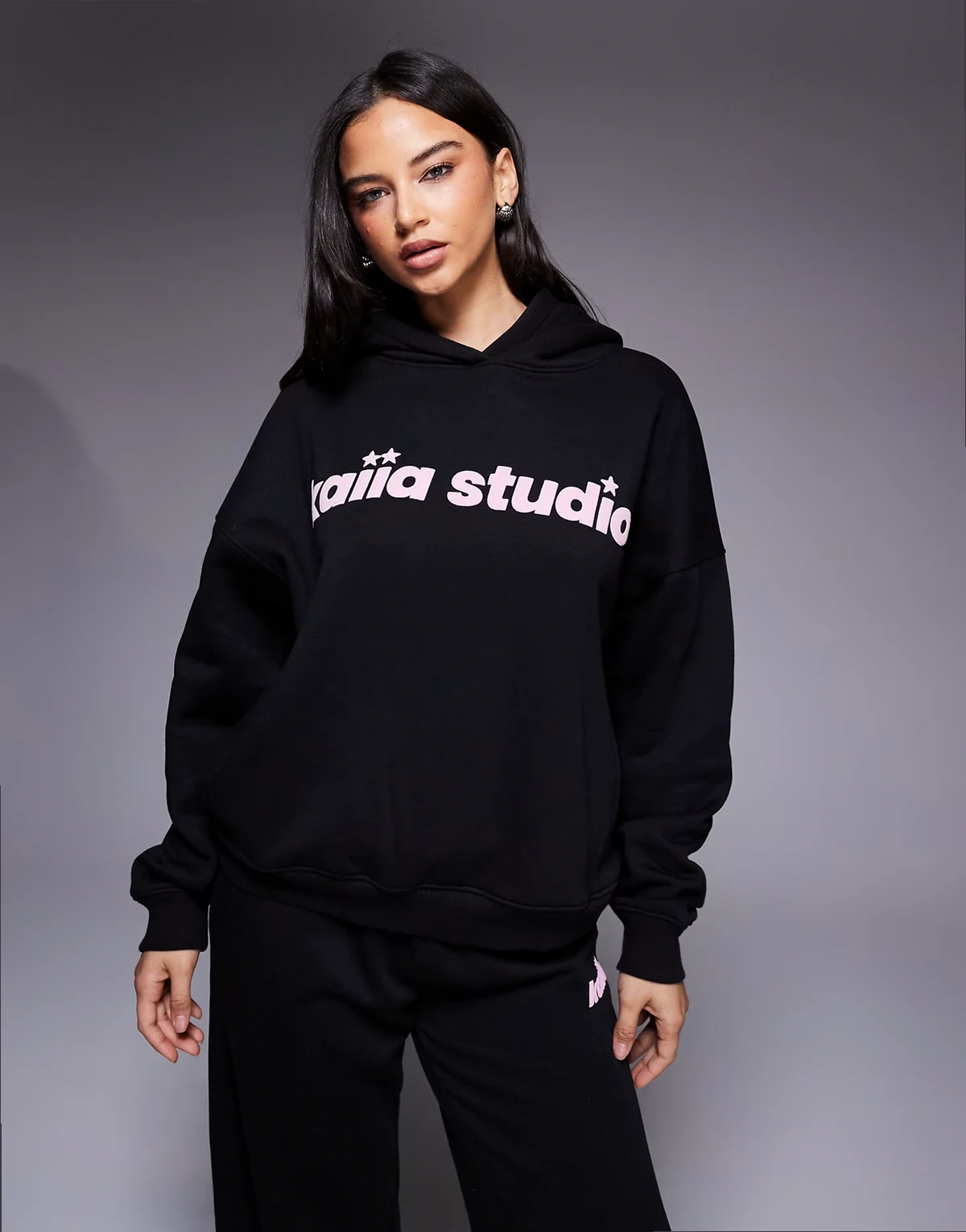 Studio star logo oversized hoodie in black and pink - part of a set