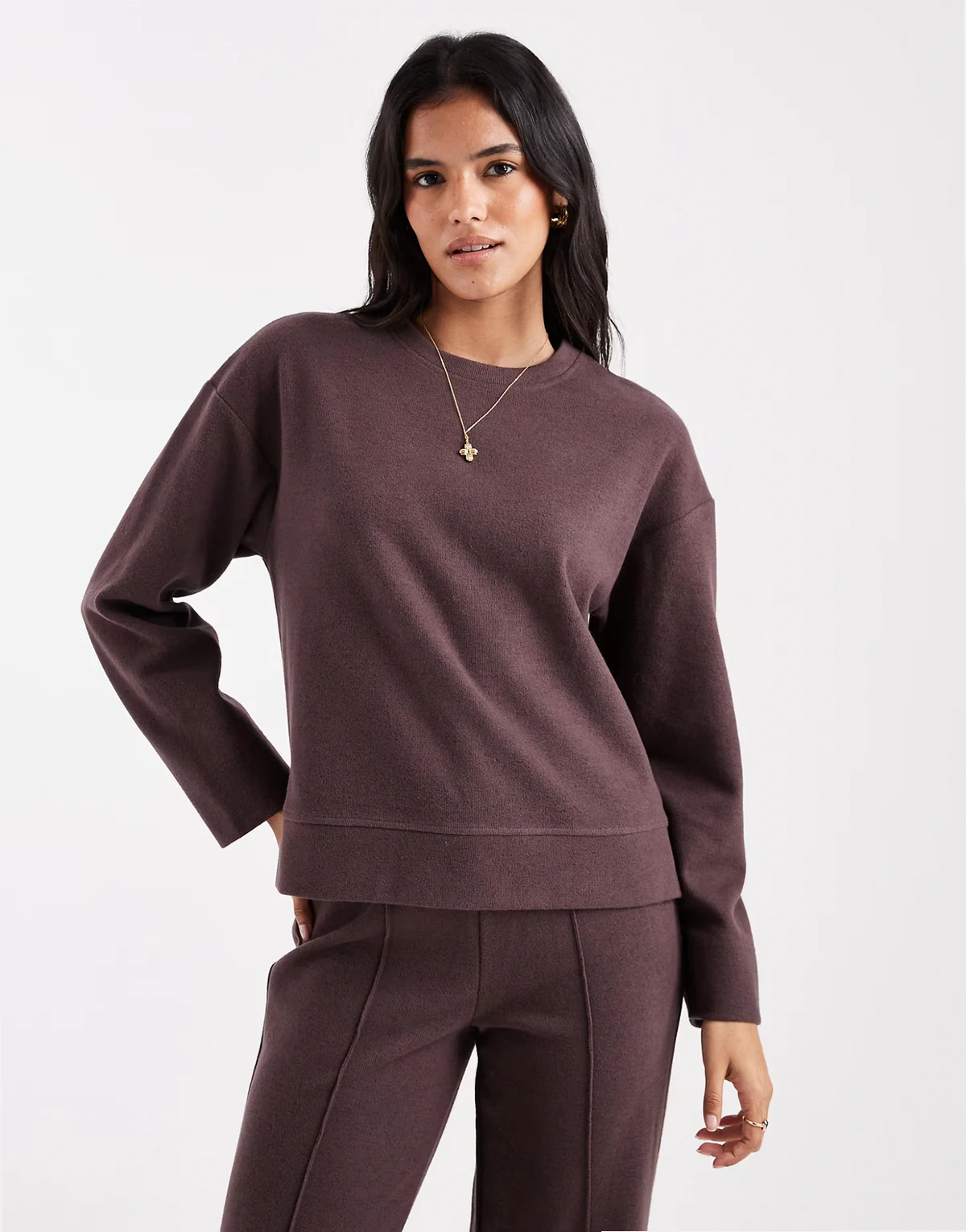 cotton jersey mix soft touch long sleeve sweatshirt in chocolate brown - part of set