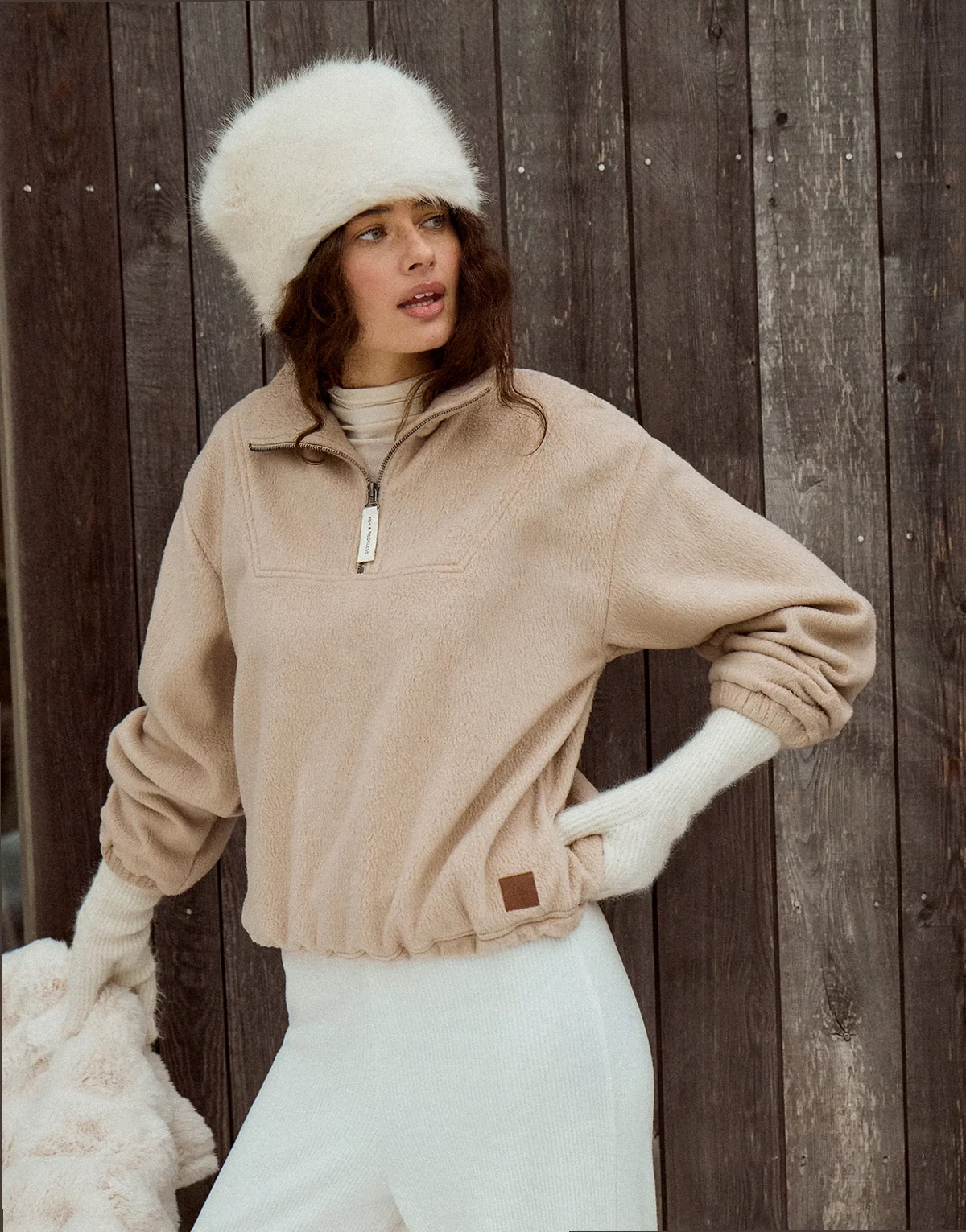 quarter zip elastic waist fleece in beige