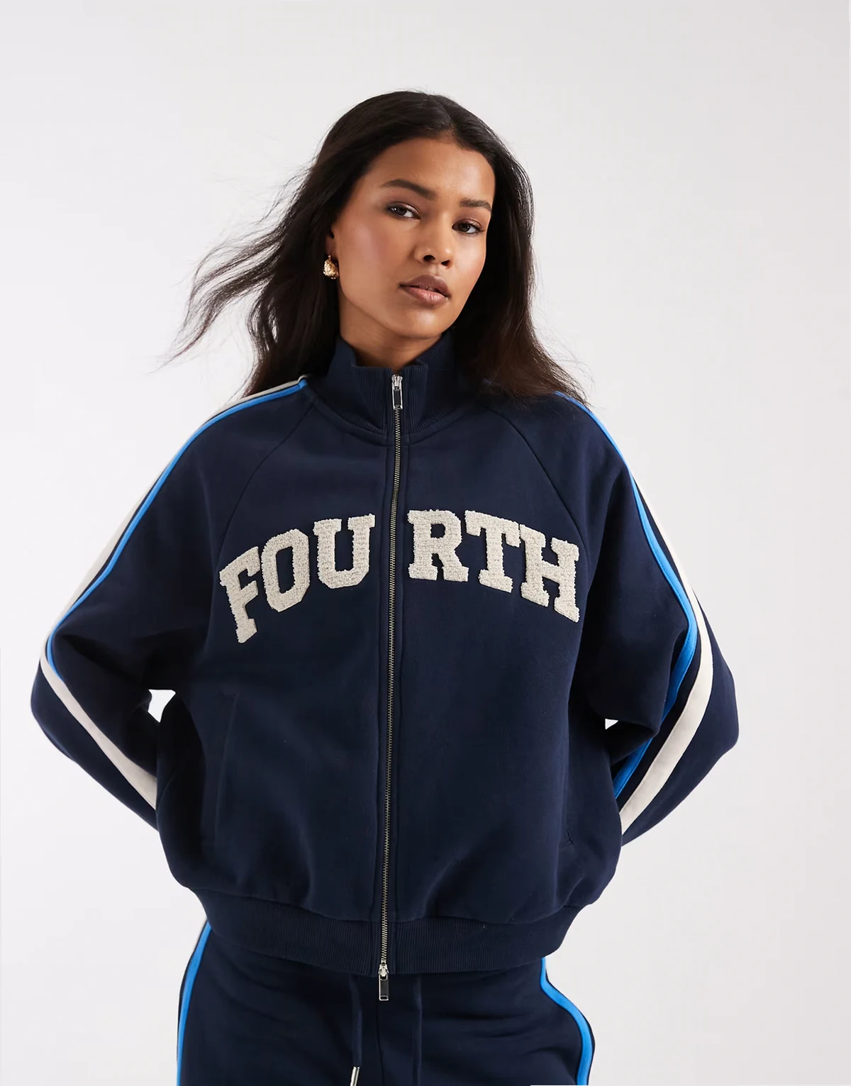 cotton side stripe funnel neck teddy logo zip up hoodie in navy - part of a set