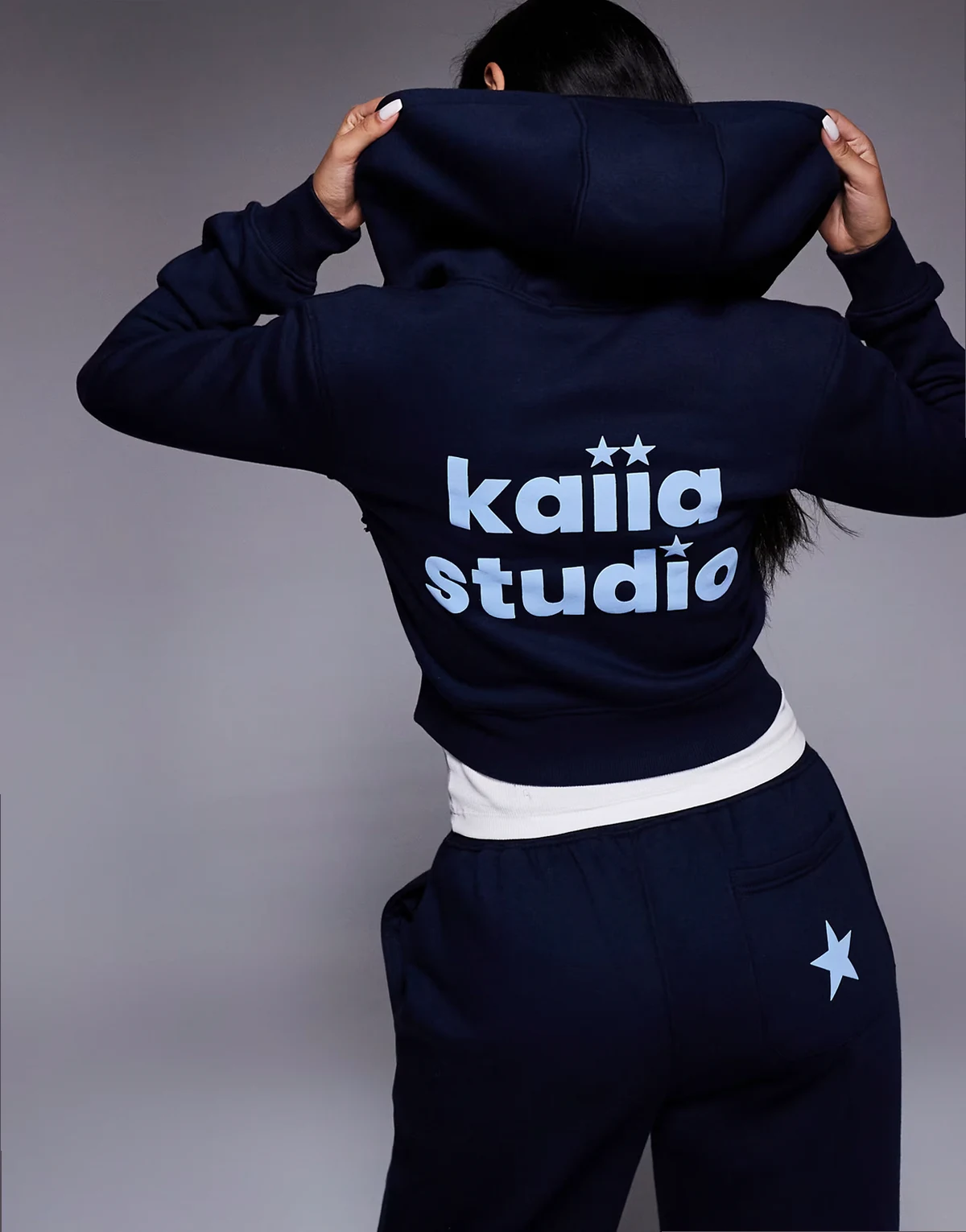 Studio cotton rich star logo graphic zip up cropped hoodie in navy - part of a set