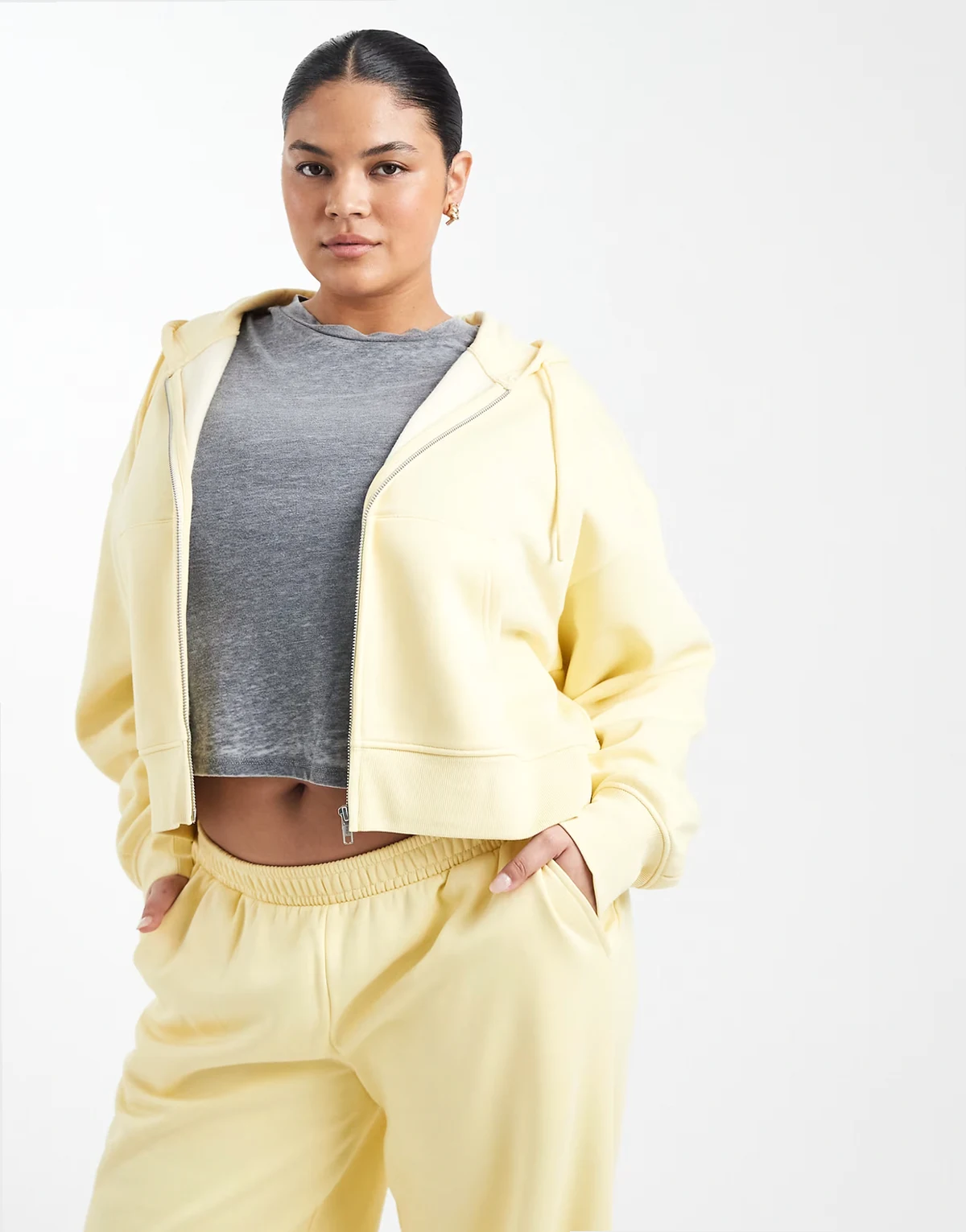 ASOS DESIGN Curve cropped zip up brushback hoodie in yellow