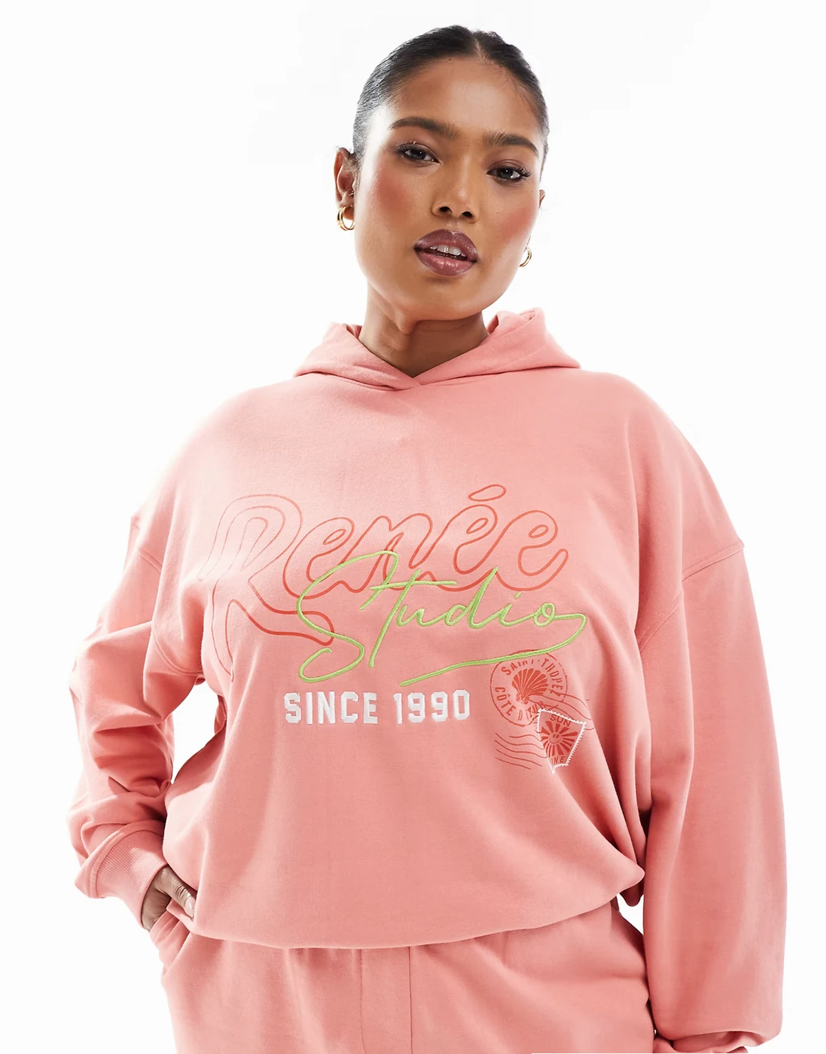 Plus exclusive embroidered logo graphic hoodie in peach - part of a set