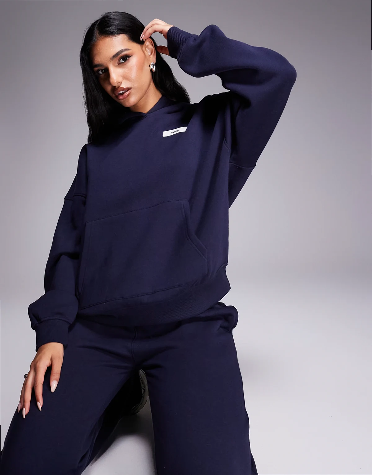 cotton rich logo label detail oversized hoodie in navy - part of a set