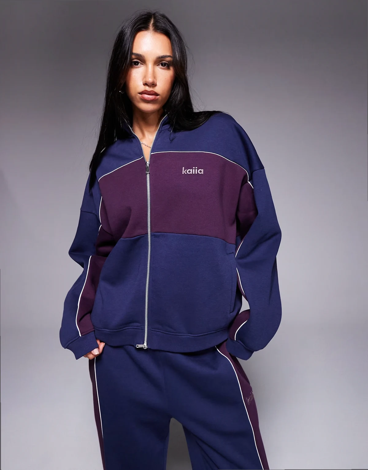 cotton rich contrast stripe oversized zip up sweatshirt in navy and burgundy - part of a set